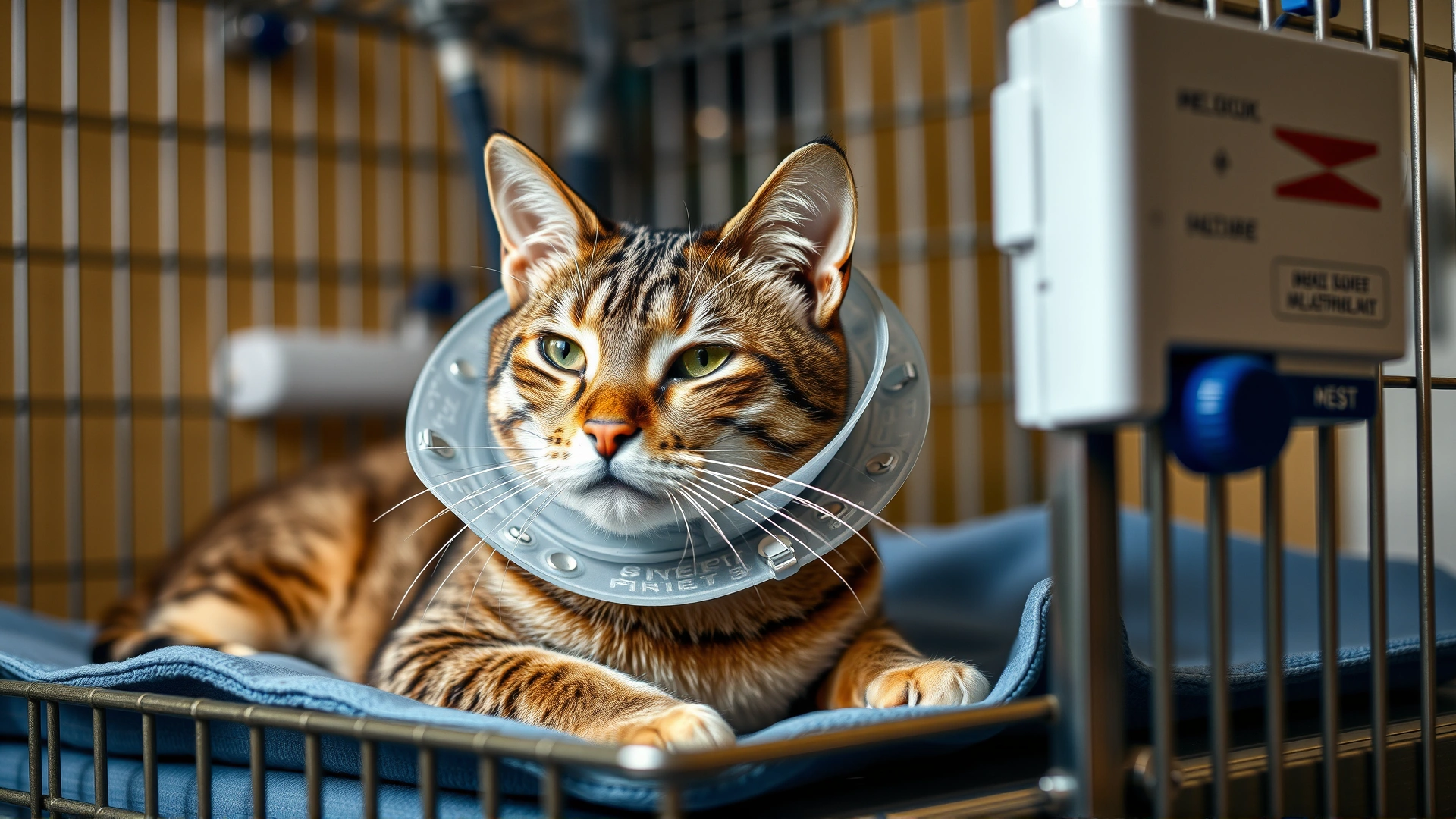 Cat resting in recovery cage wearing a soft e-collar, with veterinary technician monitoring