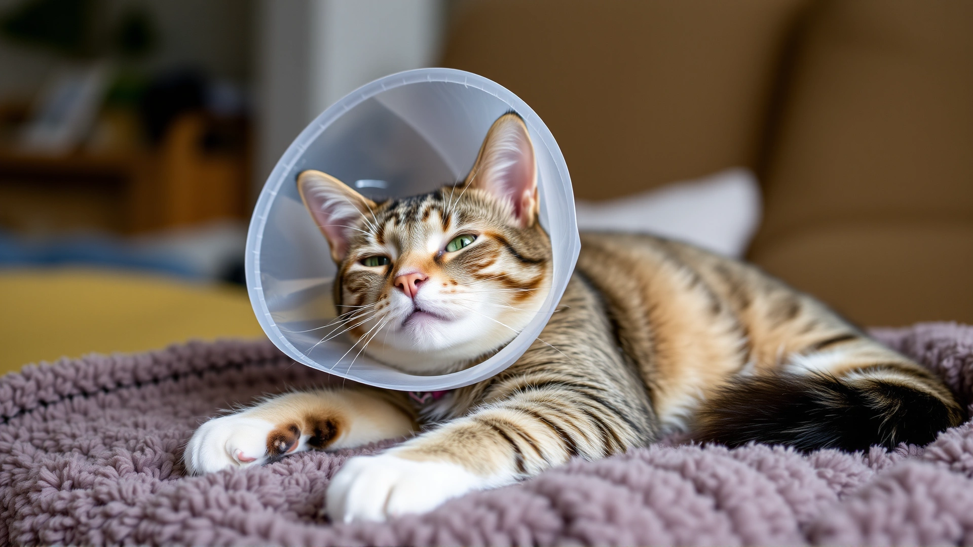 Domestic cat wearing a soft recovery cone resting comfortably on a plush blanket at home, looking relaxed and content.