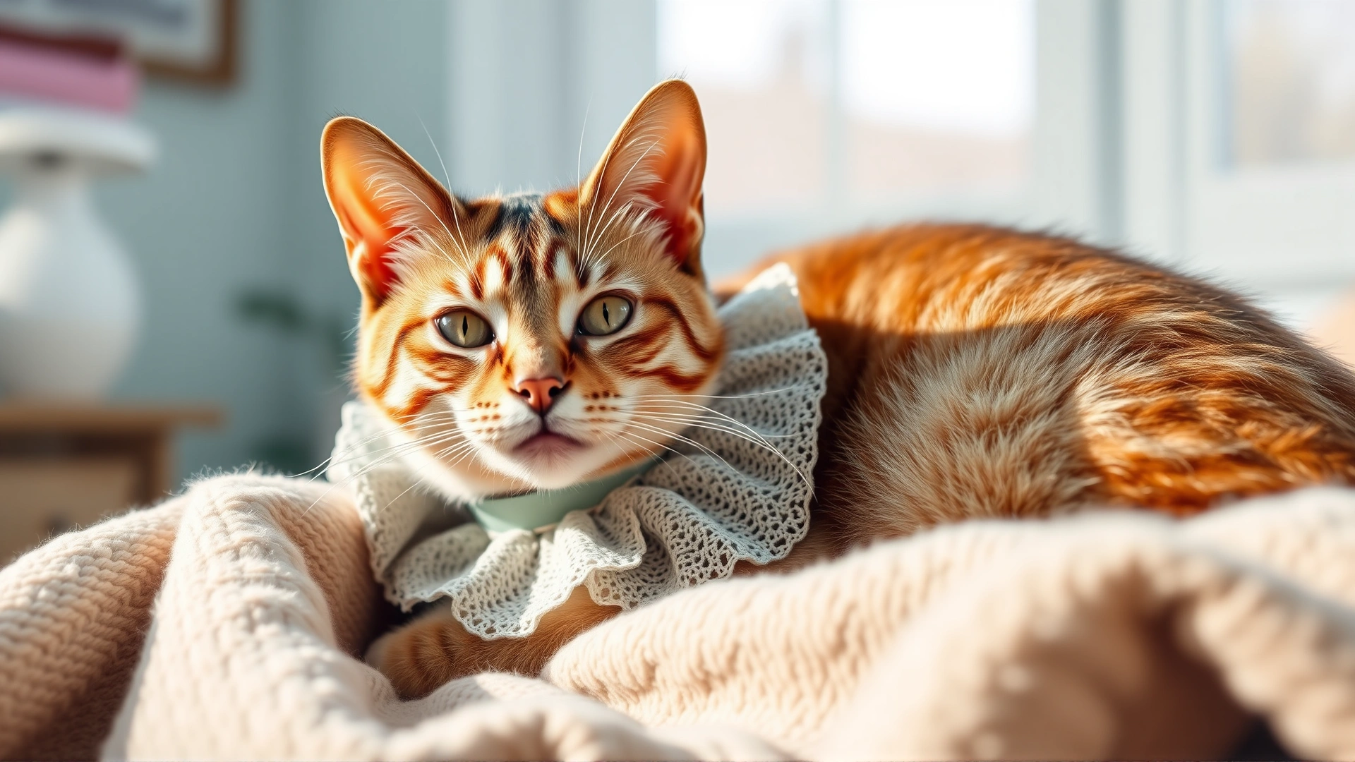 Cat wearing an Elizabethan collar resting comfortably on a soft blanket at home, natural light, no text