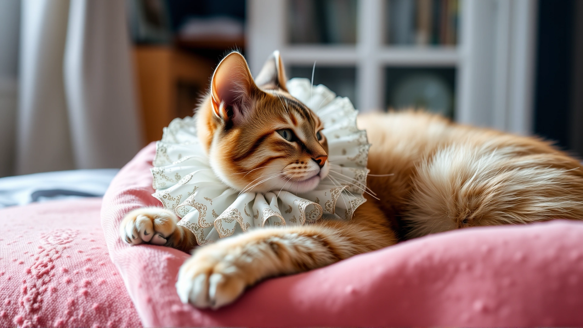 Cat wearing an Elizabethan collar resting comfortably in a cozy home environment with a soft blanket.