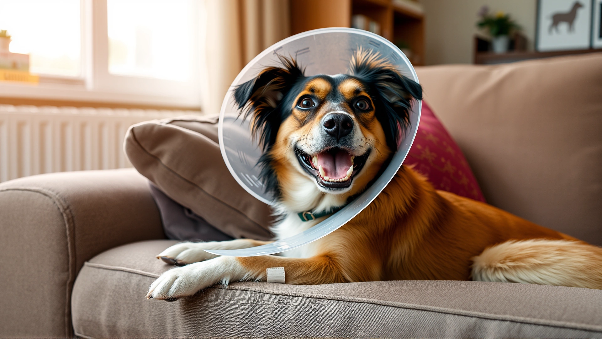Happy dog wearing a soft recovery cone resting on a cozy couch at home with a small bandage on its side, warm living-room lighting