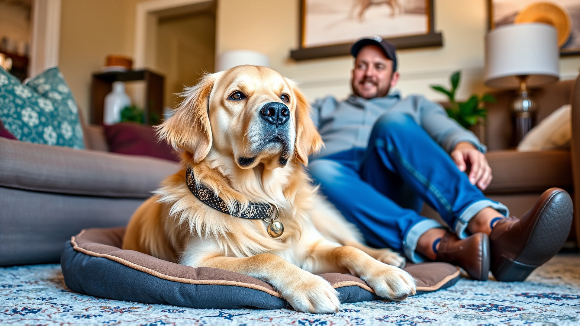 Golden retriever wearing an Elizabethan collar resting comfortably on a dog bed next to its owner in a cozy living room