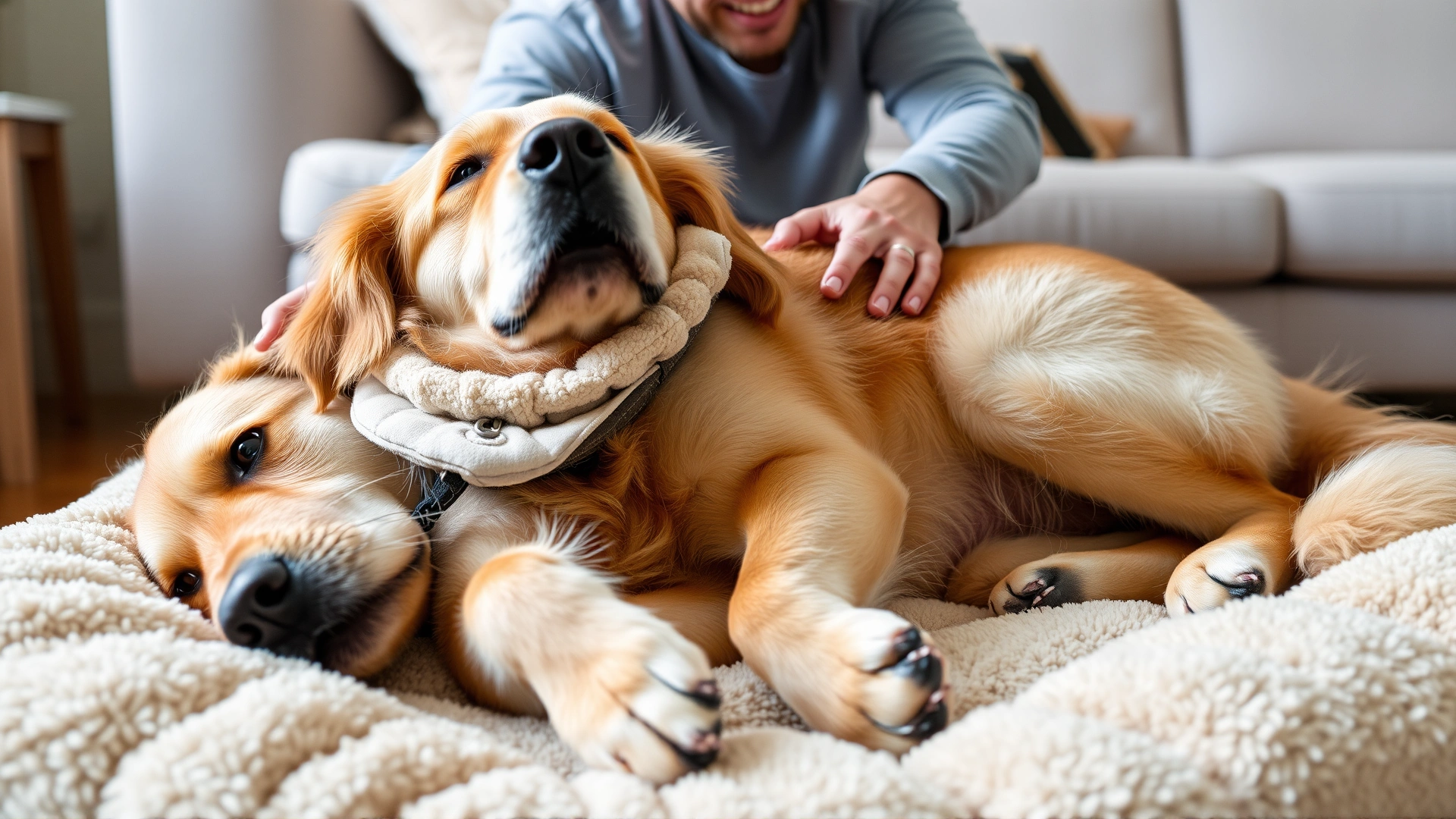 Golden Retriever wearing a soft recovery collar lying comfortably on a plush dog bed at home, stitches visible on lower abdomen, owner nearby offering gentle comfort