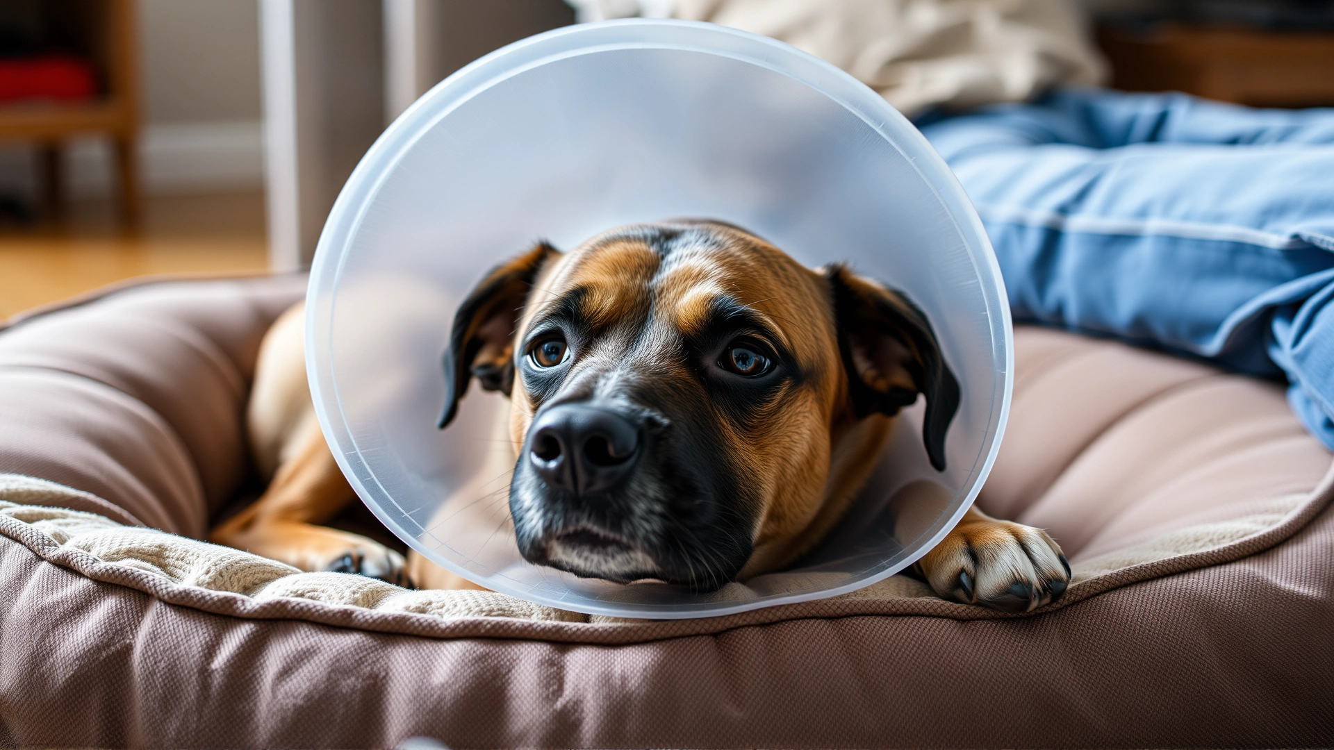 Dog wearing a recovery cone resting comfortably on a cushioned dog bed at home under owner's supervision