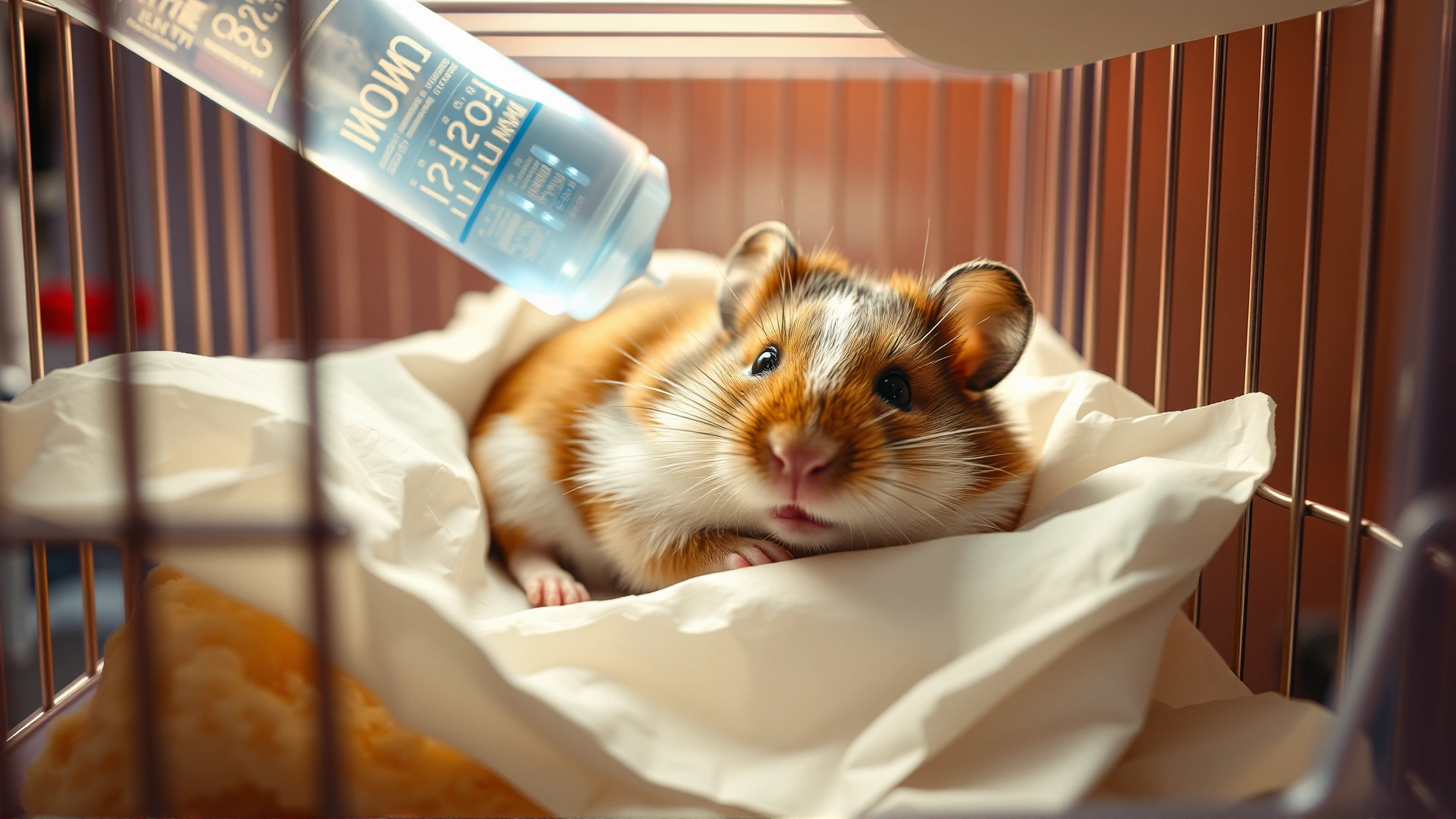 Recovered hamster resting comfortably in a small plastic hospital cage with soft paper bedding, water bottle in view, warm lighting