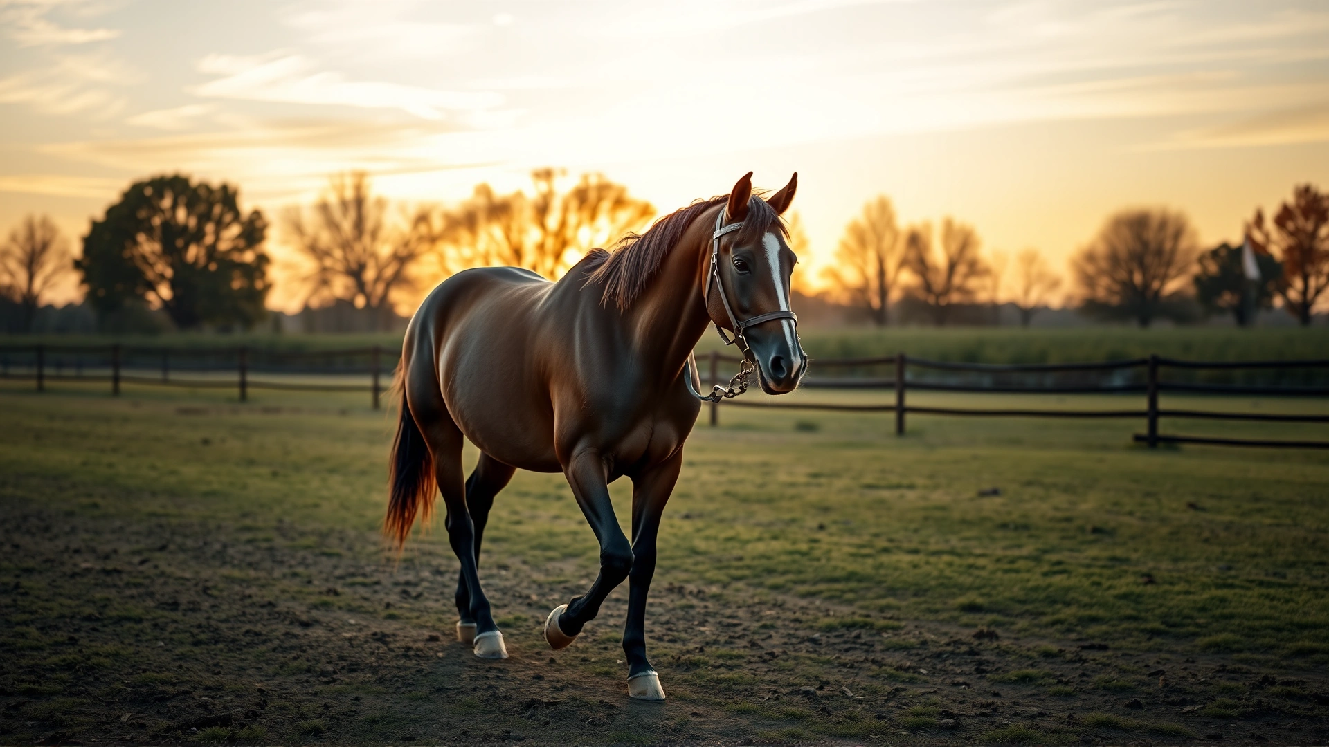 Horse being hand-walked by owner in a quiet paddock during sunset, representing post-operative exercise