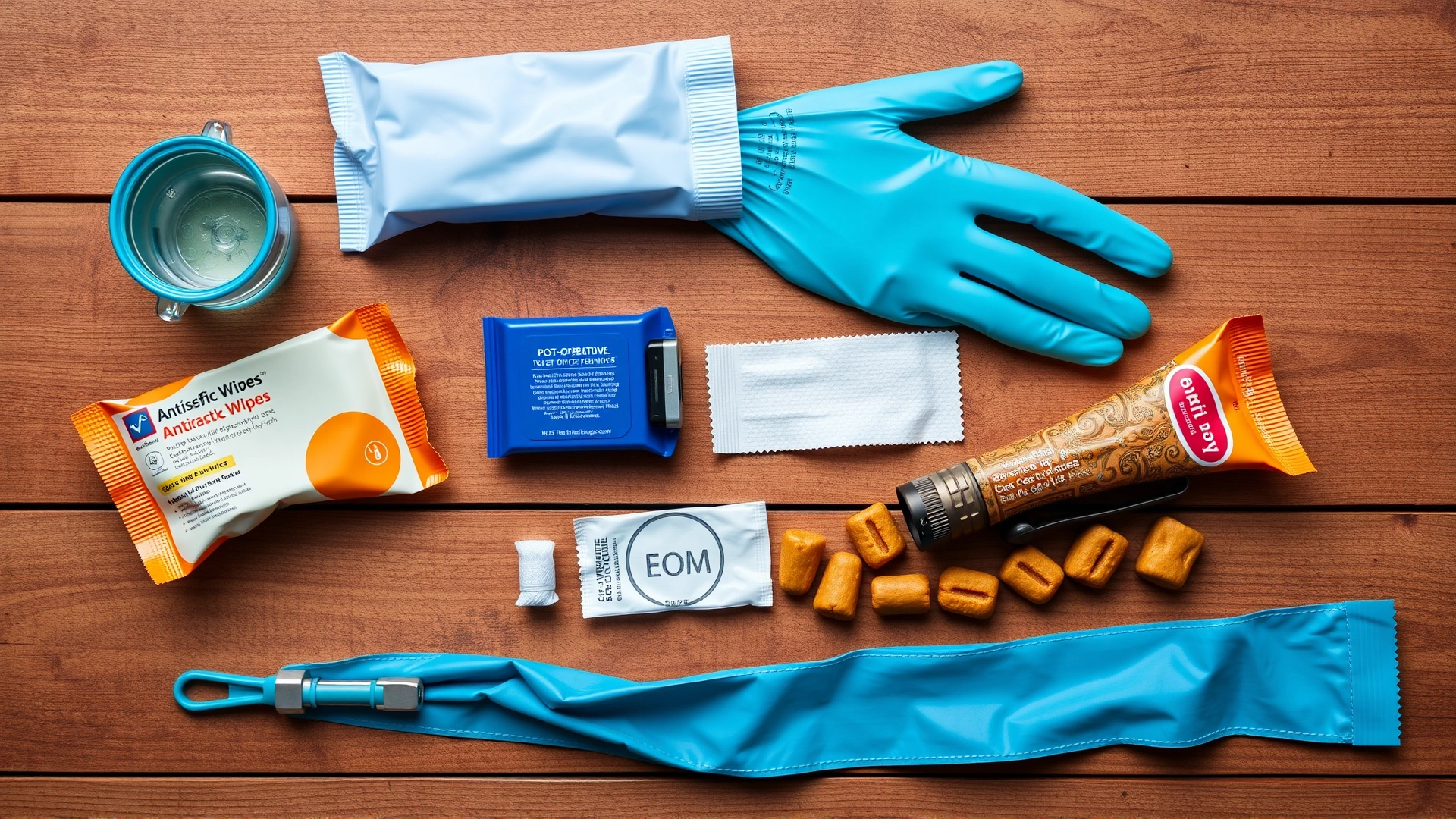 Flat lay on a wooden surface of essential post-operative pet care items: latex gloves, antiseptic wipes, small flashlight, sterile gauze, and dog treats, shot from above.