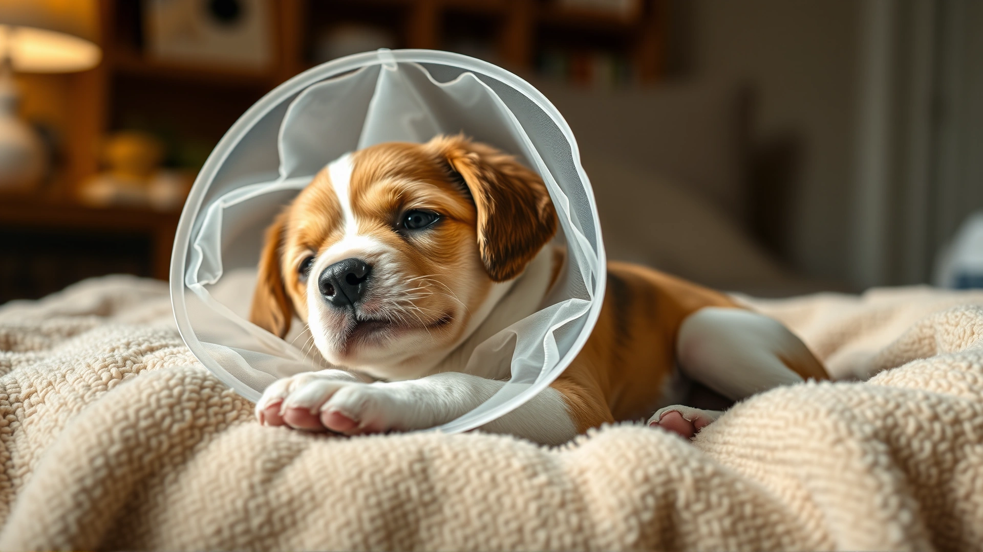 Relaxed puppy wearing a soft recovery cone resting comfortably on a cozy blanket at home after surgery, warm lighting