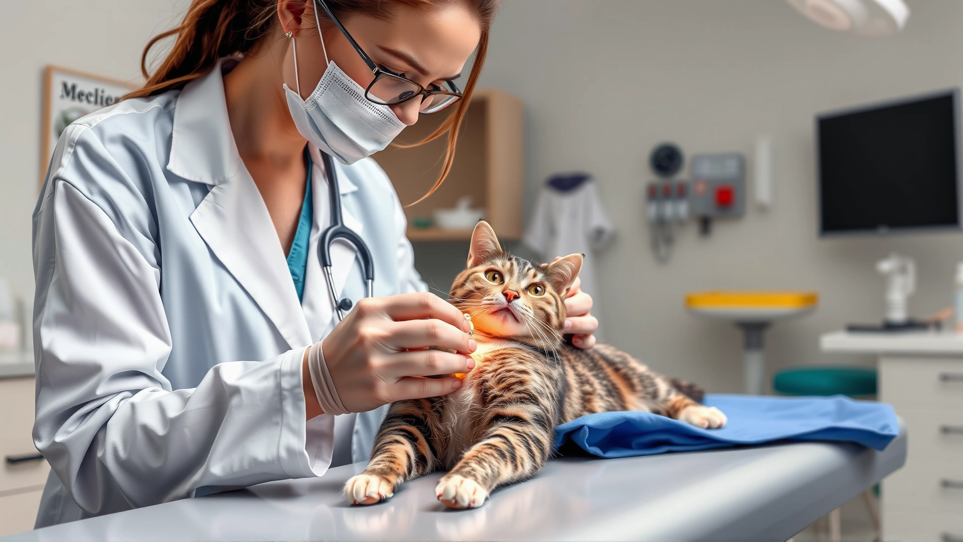 Veterinarian gently inspecting a cat’s surgical incision on an examination table, clinical environment in the background