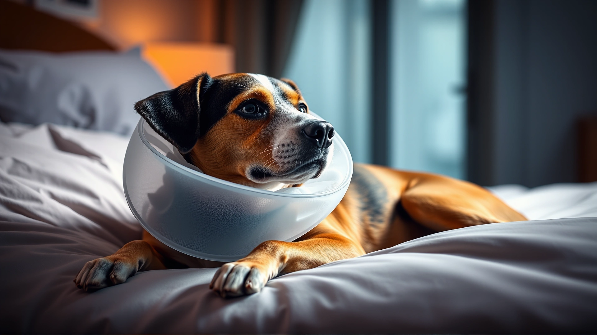 Dog wearing an Elizabethan collar resting comfortably on a soft bed at home after surgery, warm indoor lighting.