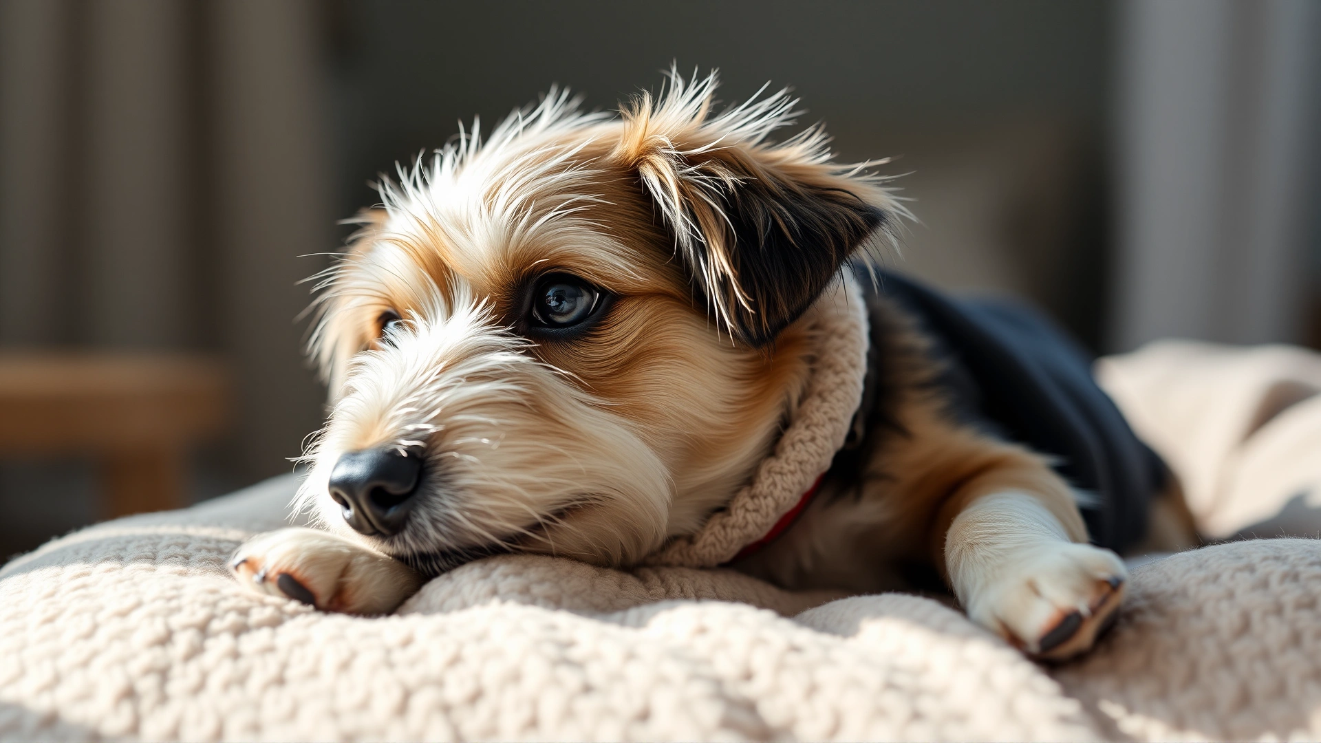 Small dog wearing a soft recovery collar resting on a cozy bed at home, soft afternoon light.