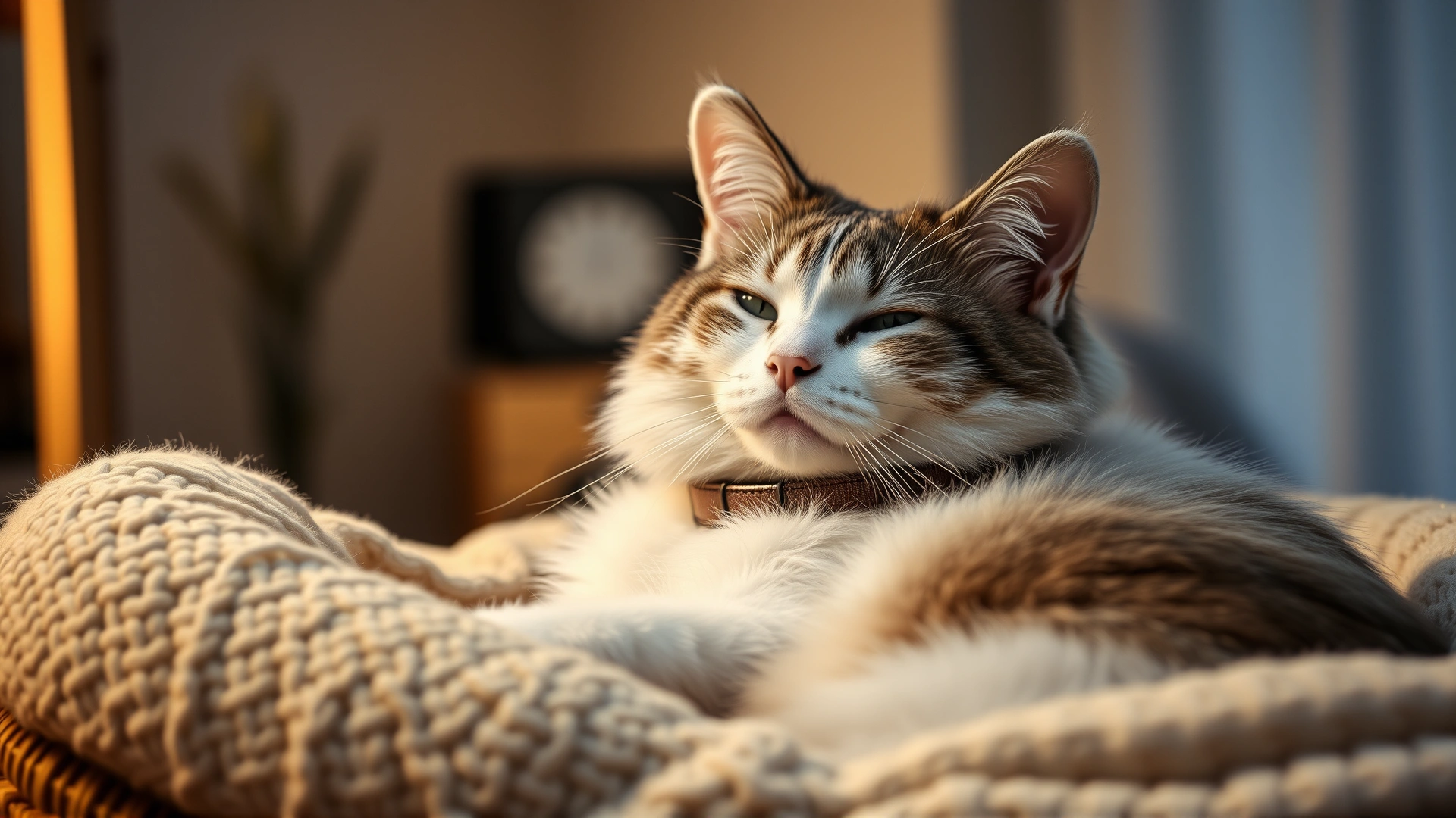 Image of a white and gray cat at home wearing a soft recovery collar, resting comfortably in a cozy bed, warm ambient light