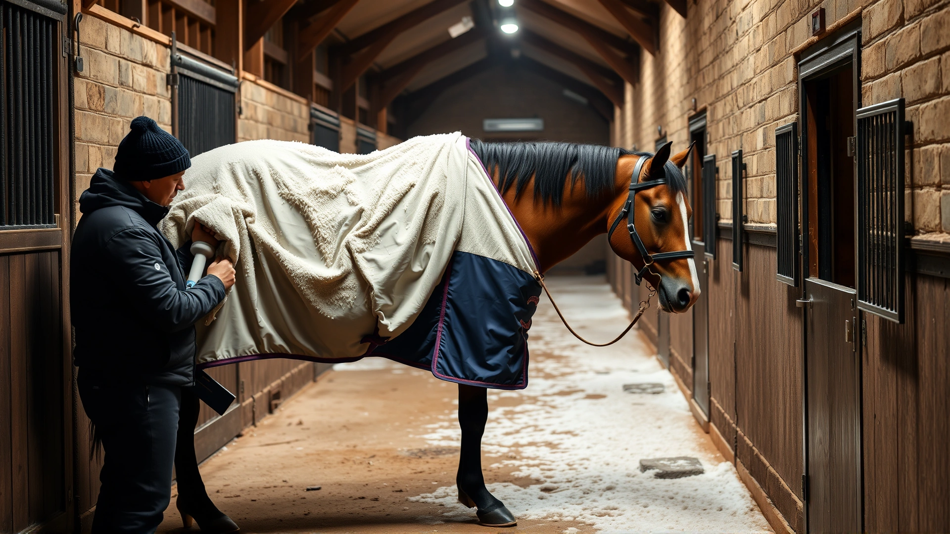 An indoor barn aisle scene where a groom is drying a horse with a cooler rug and a sweat scraper after a winter ride.