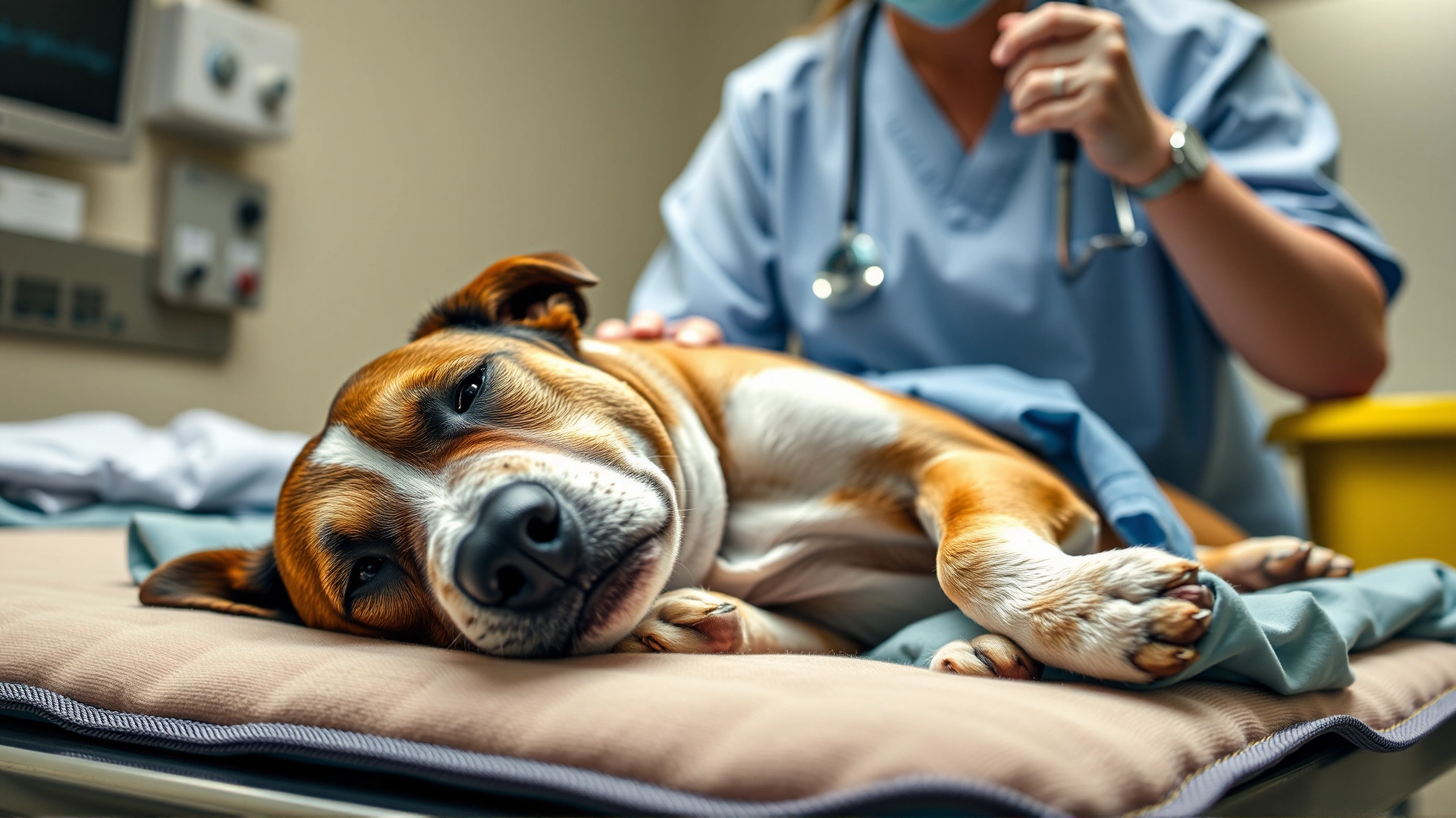 Dog waking up from anesthesia on a soft mat while a veterinary nurse monitors its vital signs with gentle lighting.