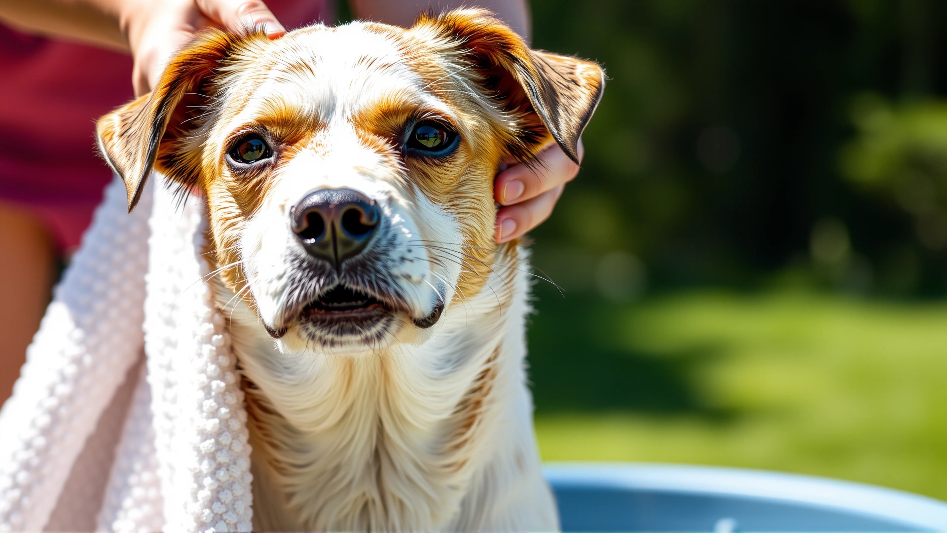 Pet parent drying their wet dog’s ears and coat with a fluffy towel in natural sunlight