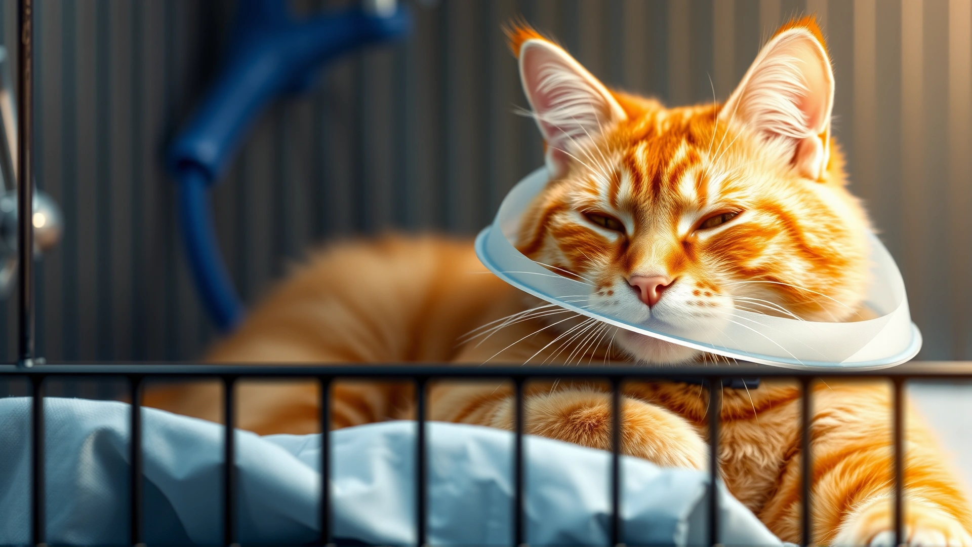 Orange tabby cat resting in recovery cage with Elizabethan collar after jaw surgery, soft focus
