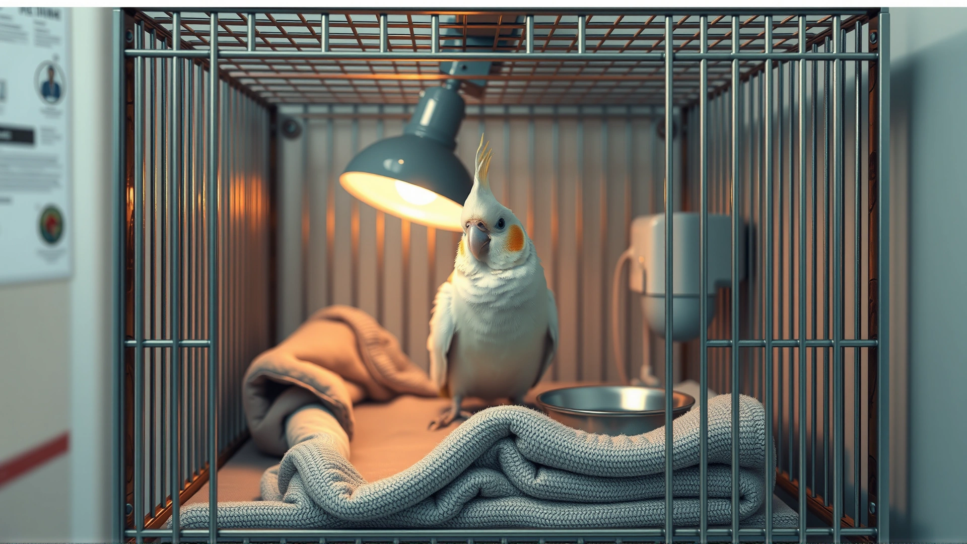 Quiet recovery scene showing a cockatiel in a small hospital cage lined with soft towels and a warming lamp, water dish visible, clinic background blurred, no text