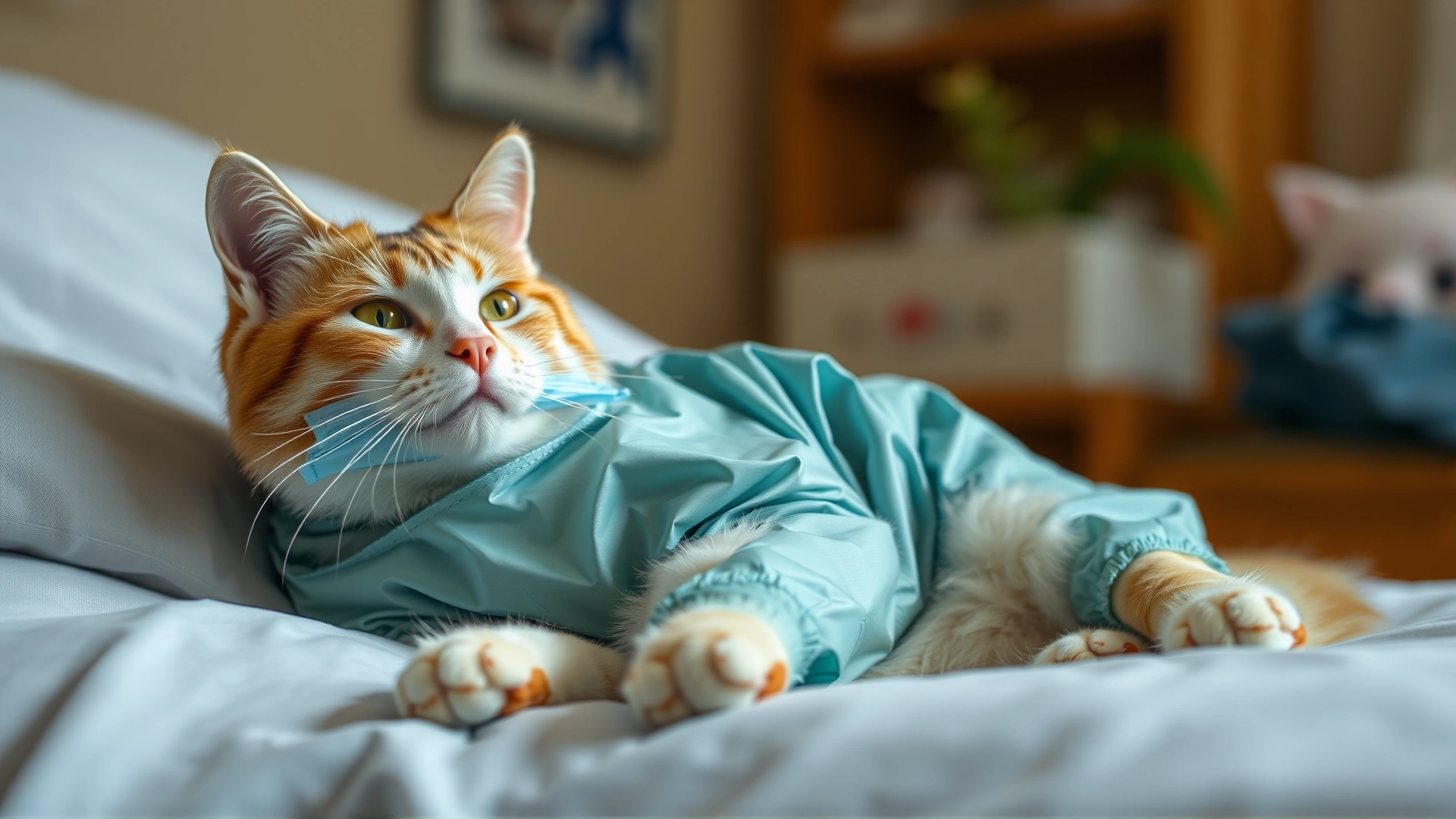 Cat wearing a surgical recovery suit resting comfortably in a warm home setting