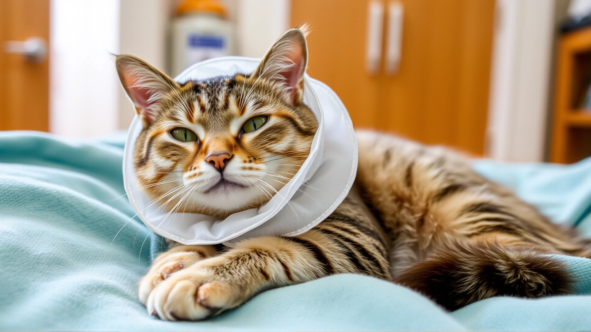 Cat wearing a soft recovery collar resting comfortably on a cozy blanket after surgery, warm household environment.