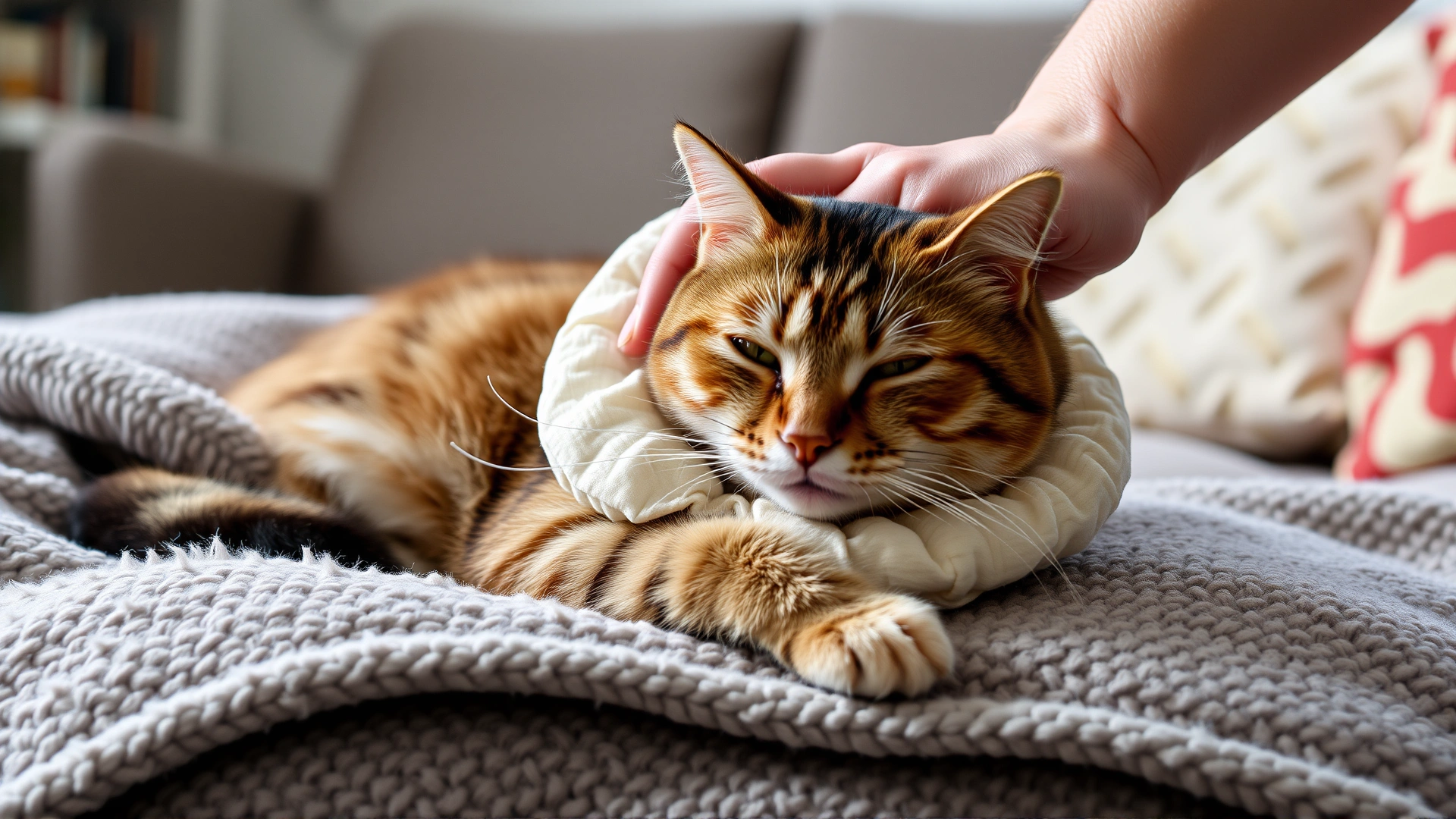 Cat wearing a soft recovery collar resting comfortably on a cozy blanket at home while an owner gently pets it.