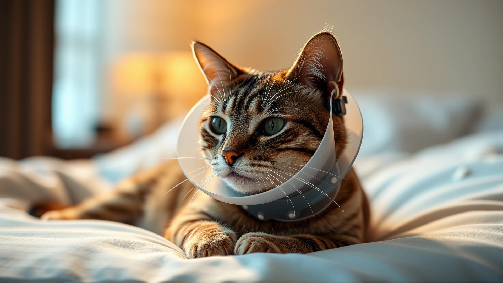 Domestic short-haired cat resting on a soft bed while wearing a protective E-collar after eye surgery, warm ambient light
