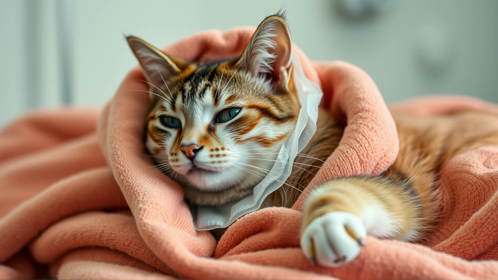 Cat wearing a soft recovery collar resting comfortably in a cozy blanket after veterinary surgery, indoor warm lighting