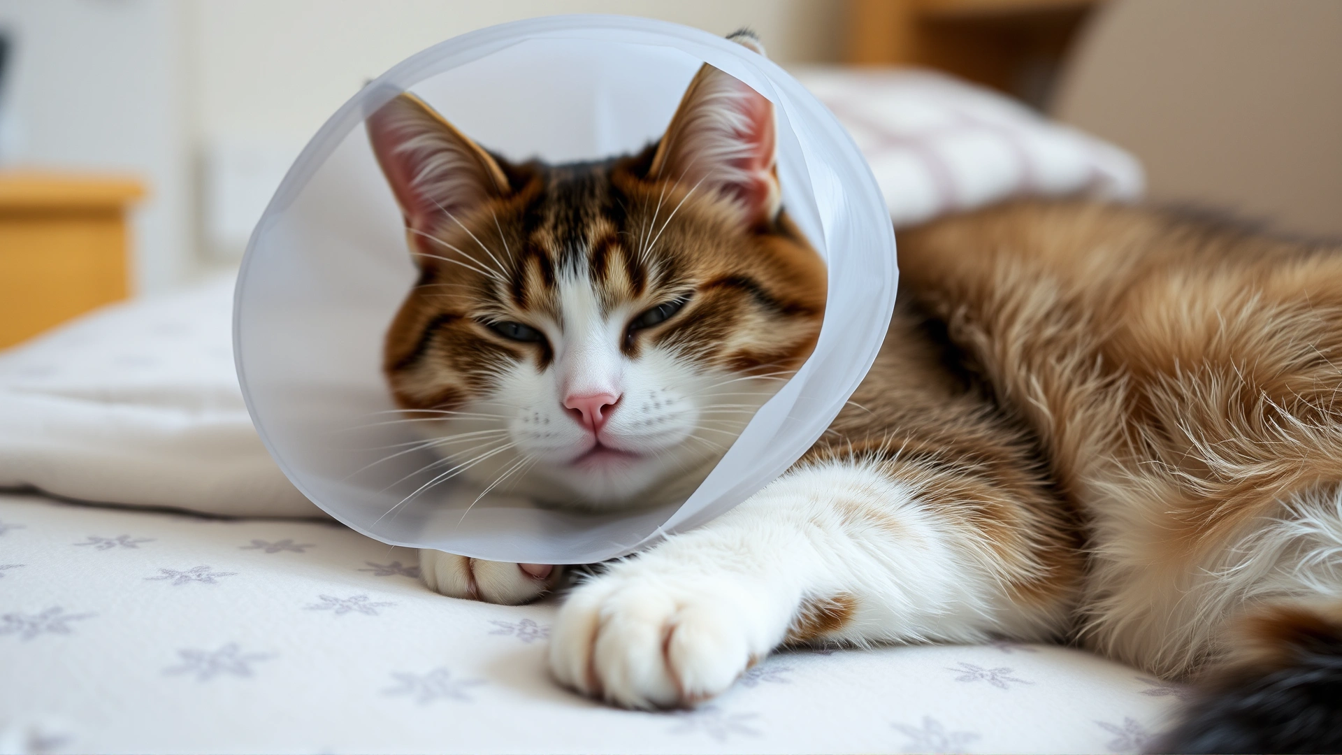 Domestic cat resting comfortably at home after dental surgery, wearing a protective collar (cone) and lying on a cozy blanket.