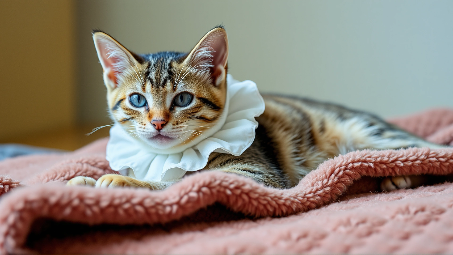 Young cat wearing a soft recovery collar lying comfortably on a fleece blanket, stitches not visible, calm environment