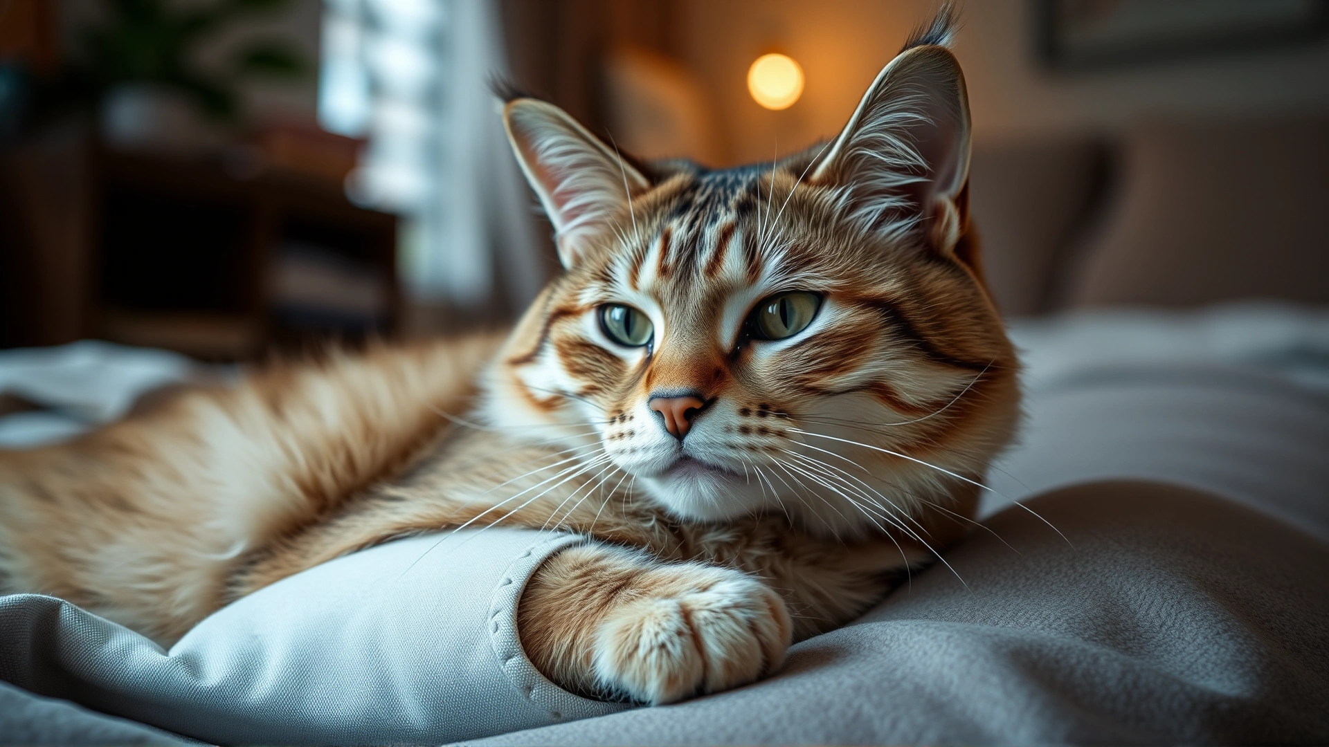 Domestic shorthair cat resting comfortably at home with a soft fabric sling supporting its front leg, cozy indoor lighting
