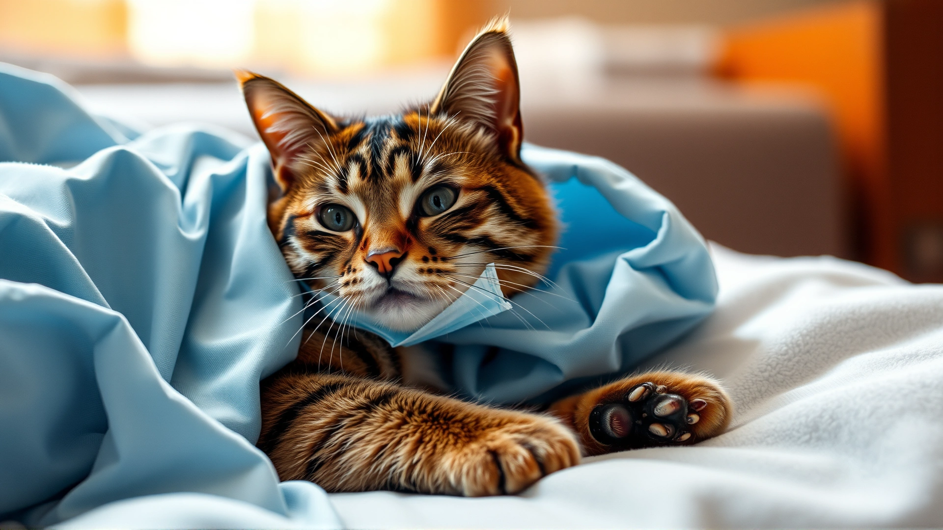 Cat wearing a surgical recovery suit resting comfortably on a soft blanket at home, warm light, no text