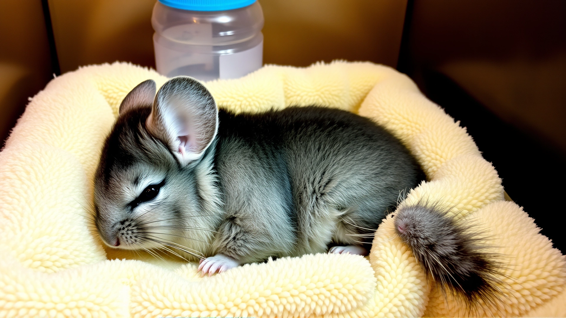Warm image of a chinchilla resting comfortably in a small recovery box lined with soft fleece, a water bottle visible in the background