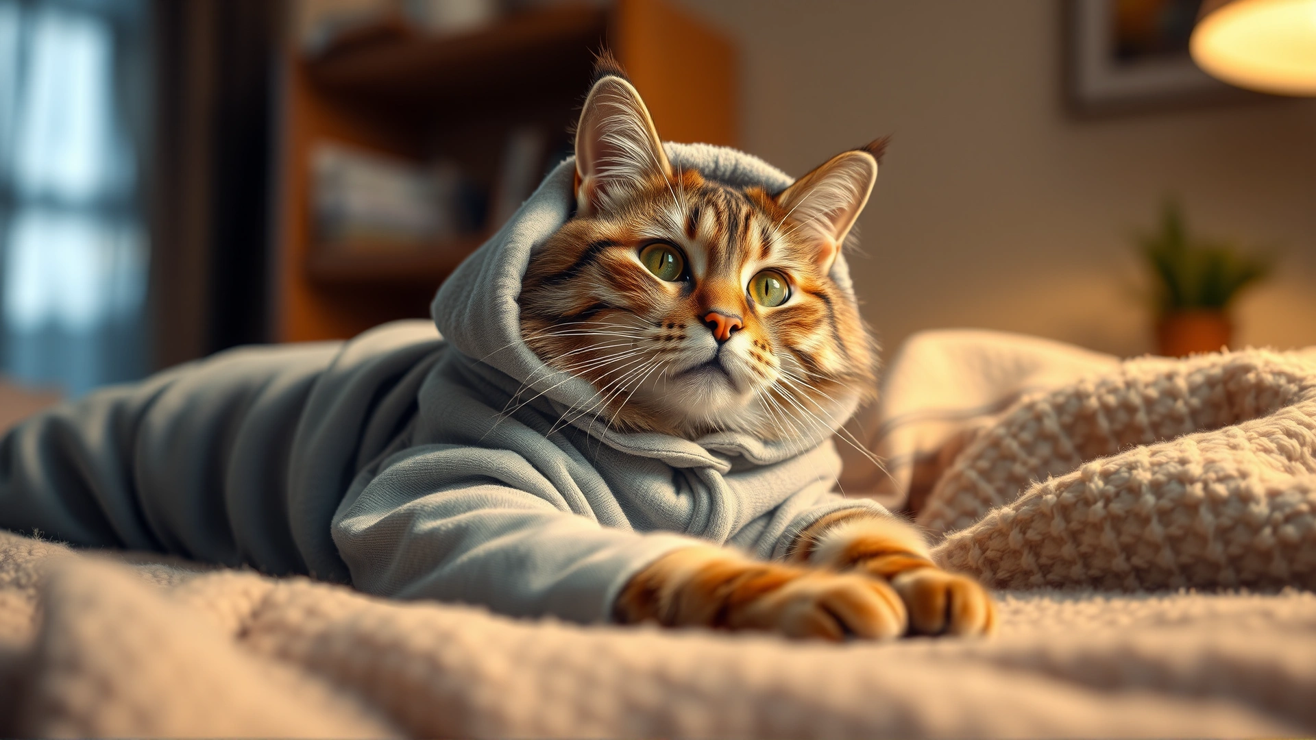 Neutered cat wearing a comfortable recovery suit lying on a cozy blanket at home in warm ambient light