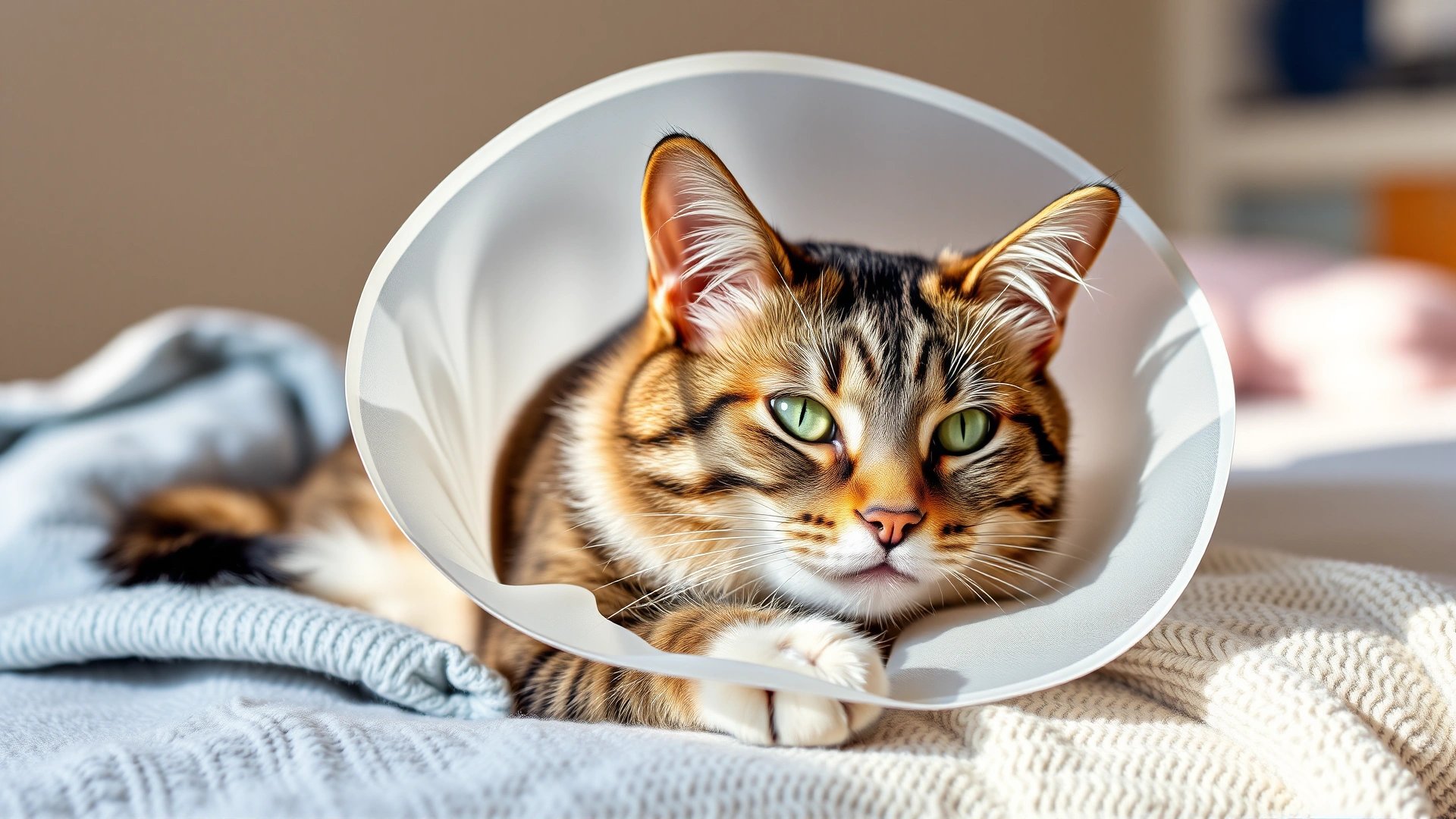 Male cat wearing a soft recovery cone resting on a cozy blanket, gentle daylight, conveying post-operative care and comfort.