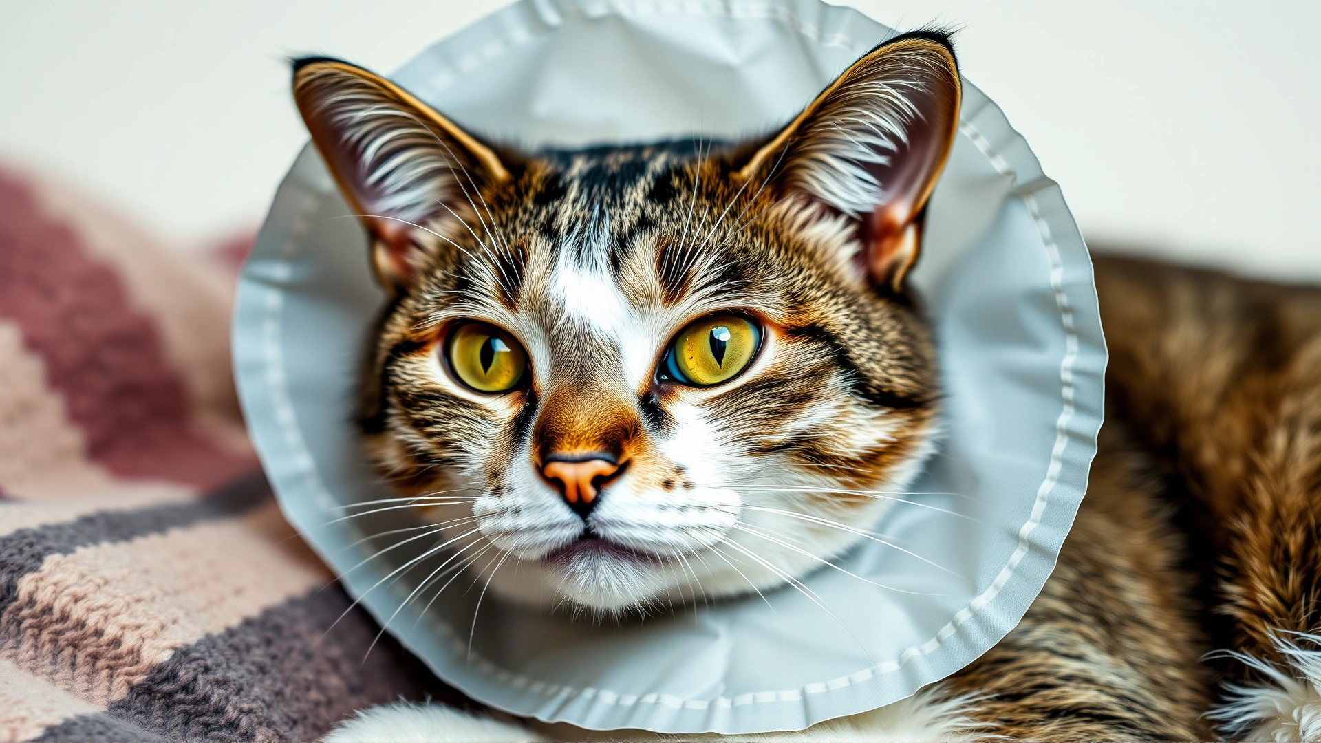 Photo of a cat wearing a protective Elizabethan collar resting comfortably on a blanket, highlighting post-operative eye care