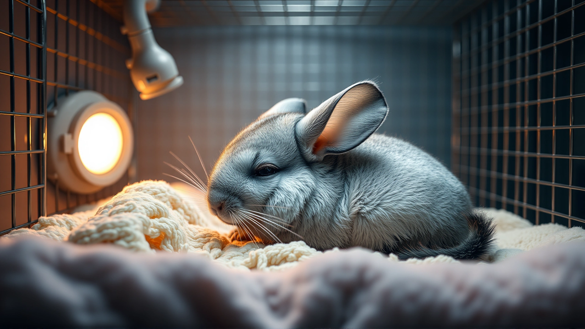 Chinchilla recovering in a quiet enclosure with soft bedding and a warm light source, representing post-surgical care