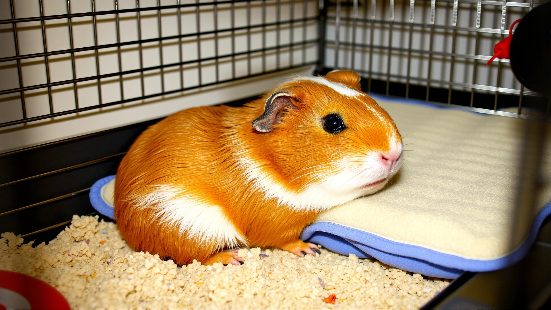 Photo showing a pet guinea pig recovering in a small cage with soft bedding and a heat pad.