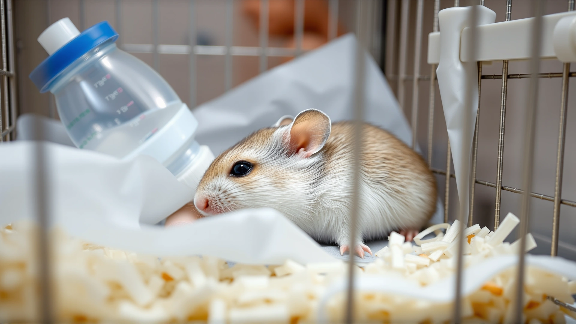 Gerbil resting in a small hospital cage lined with white paper bedding, water bottle visible, post-operative environment, soft lighting