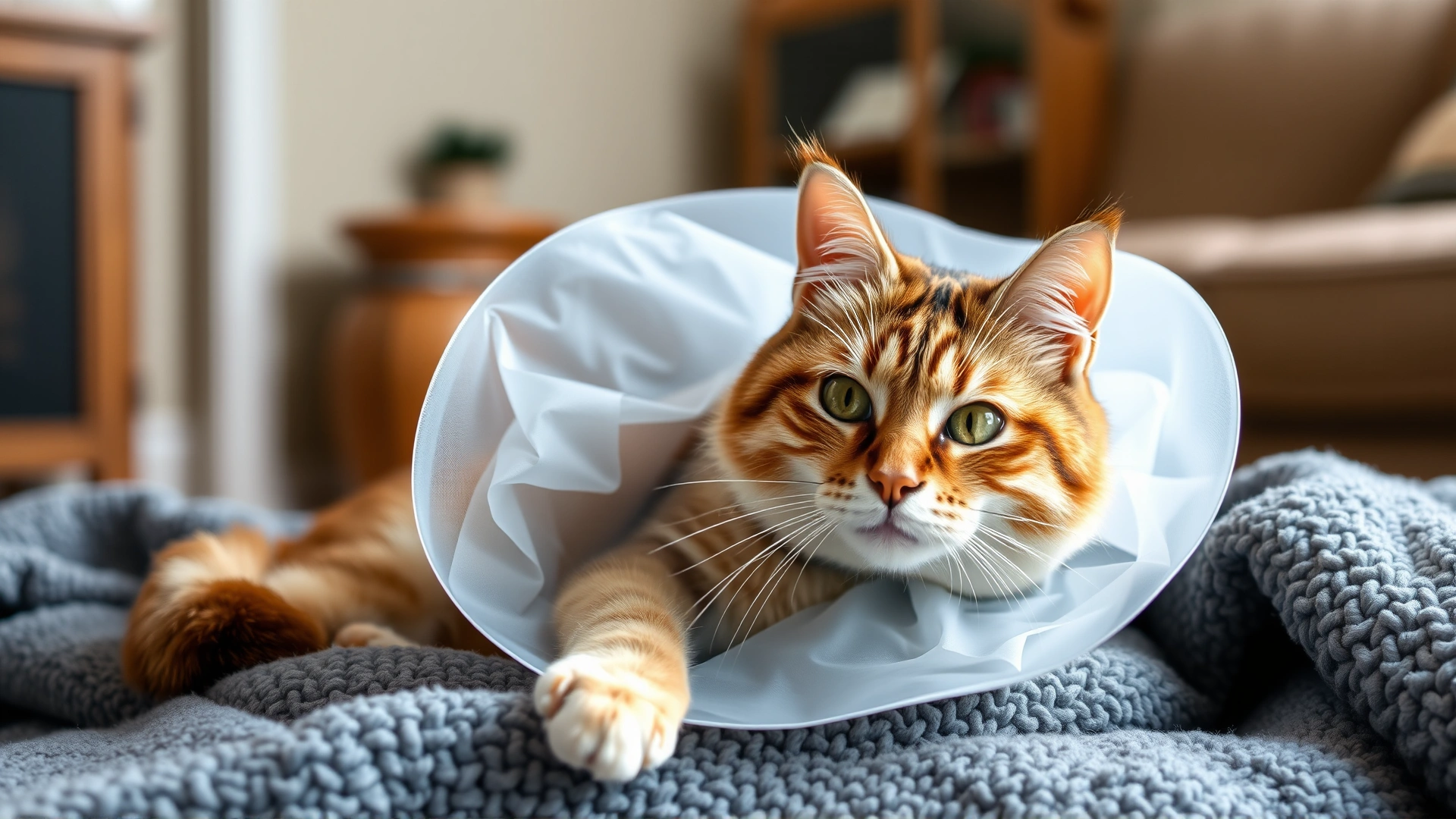 Indoor image of a cat wearing a soft recovery cone resting comfortably on a plush blanket at home, signifying post-operative care.