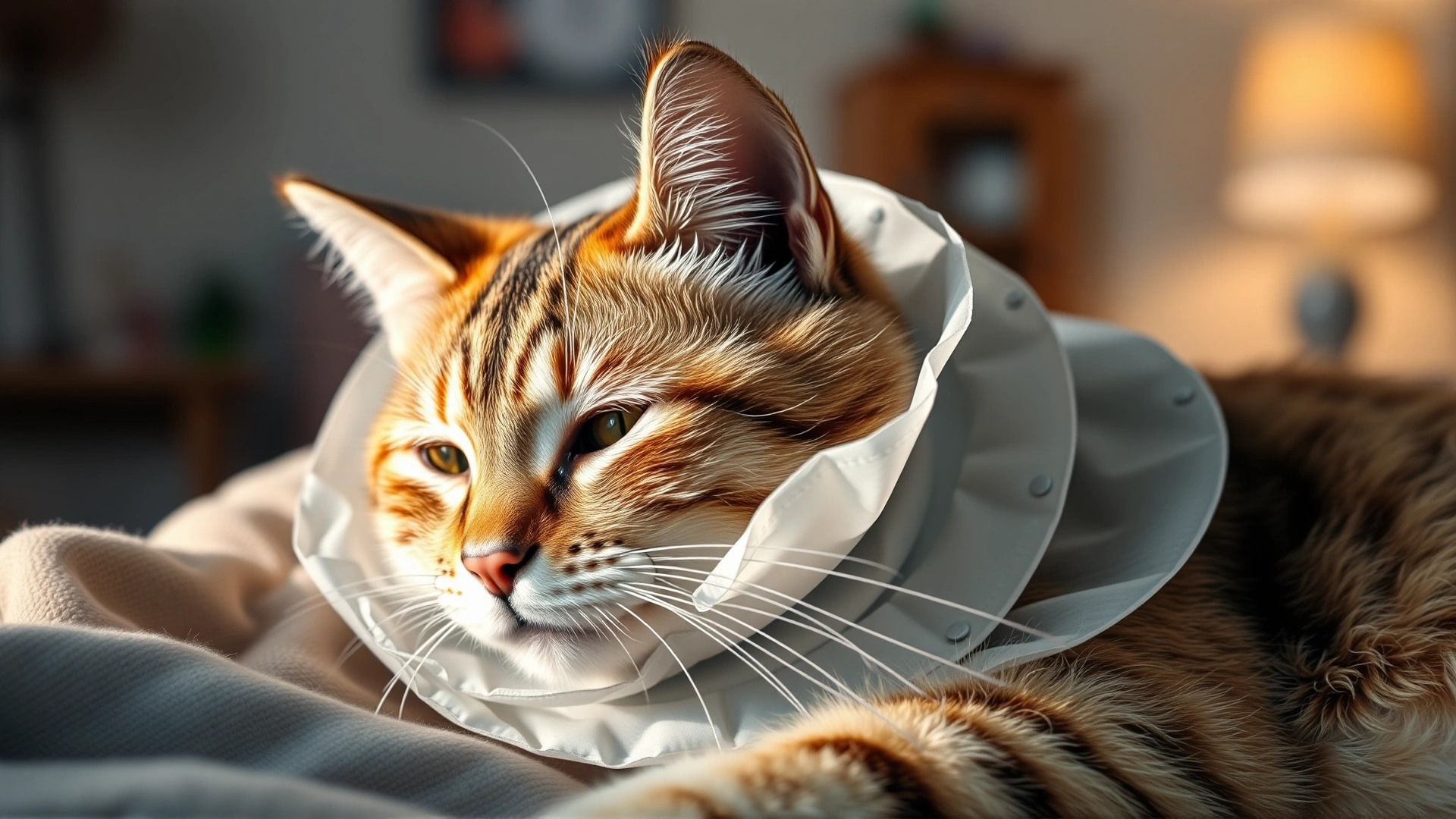 Cat wearing a soft recovery collar resting comfortably in a cozy home setting after surgery, warm lighting and visible surgical shaved patch