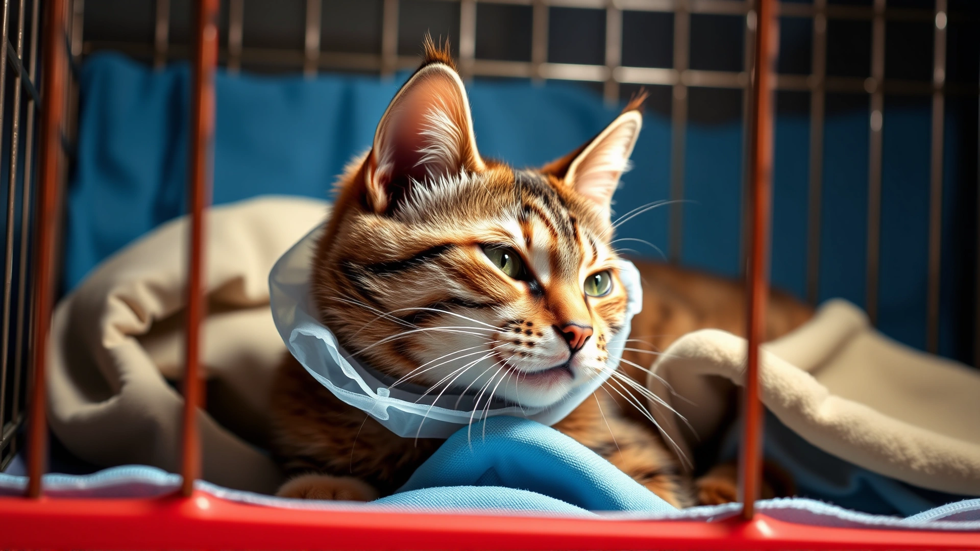 Cat recovering after surgery in a cozy crate with a soft blanket and an Elizabethan collar, calm lighting.