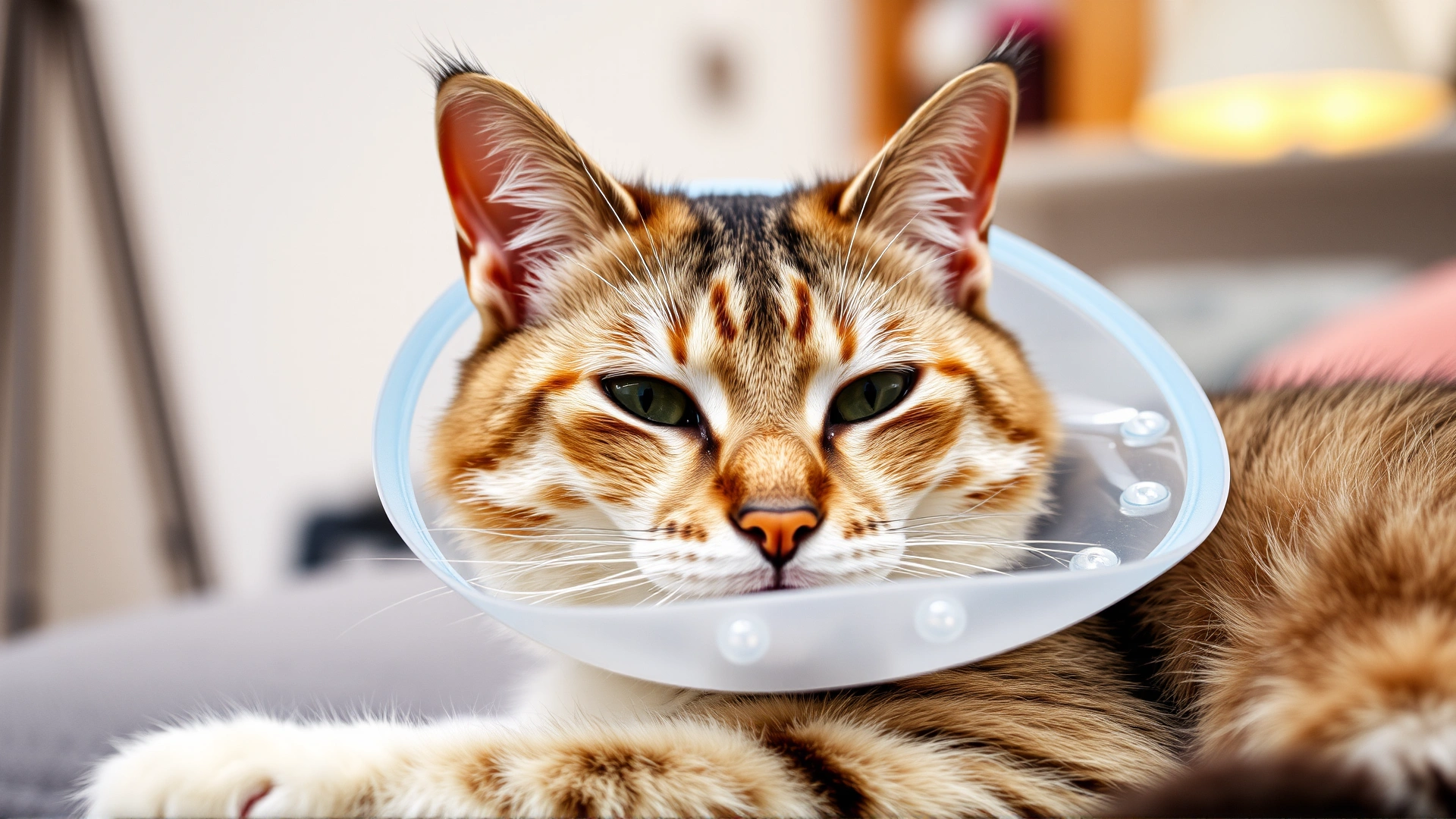 Domestic cat resting comfortably at home with a protective Elizabethan collar around its neck, soft indoor lighting, shows postoperative care.