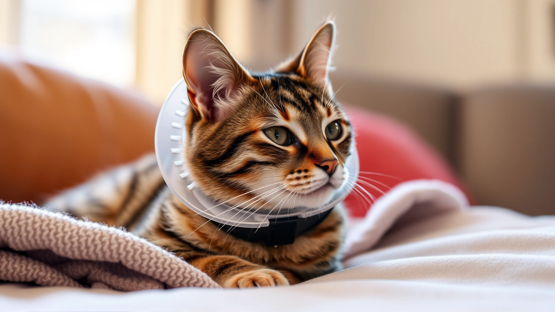 Domestic shorthair cat wearing a protective e-collar resting comfortably on a soft blanket, warm home environment, afternoon light.