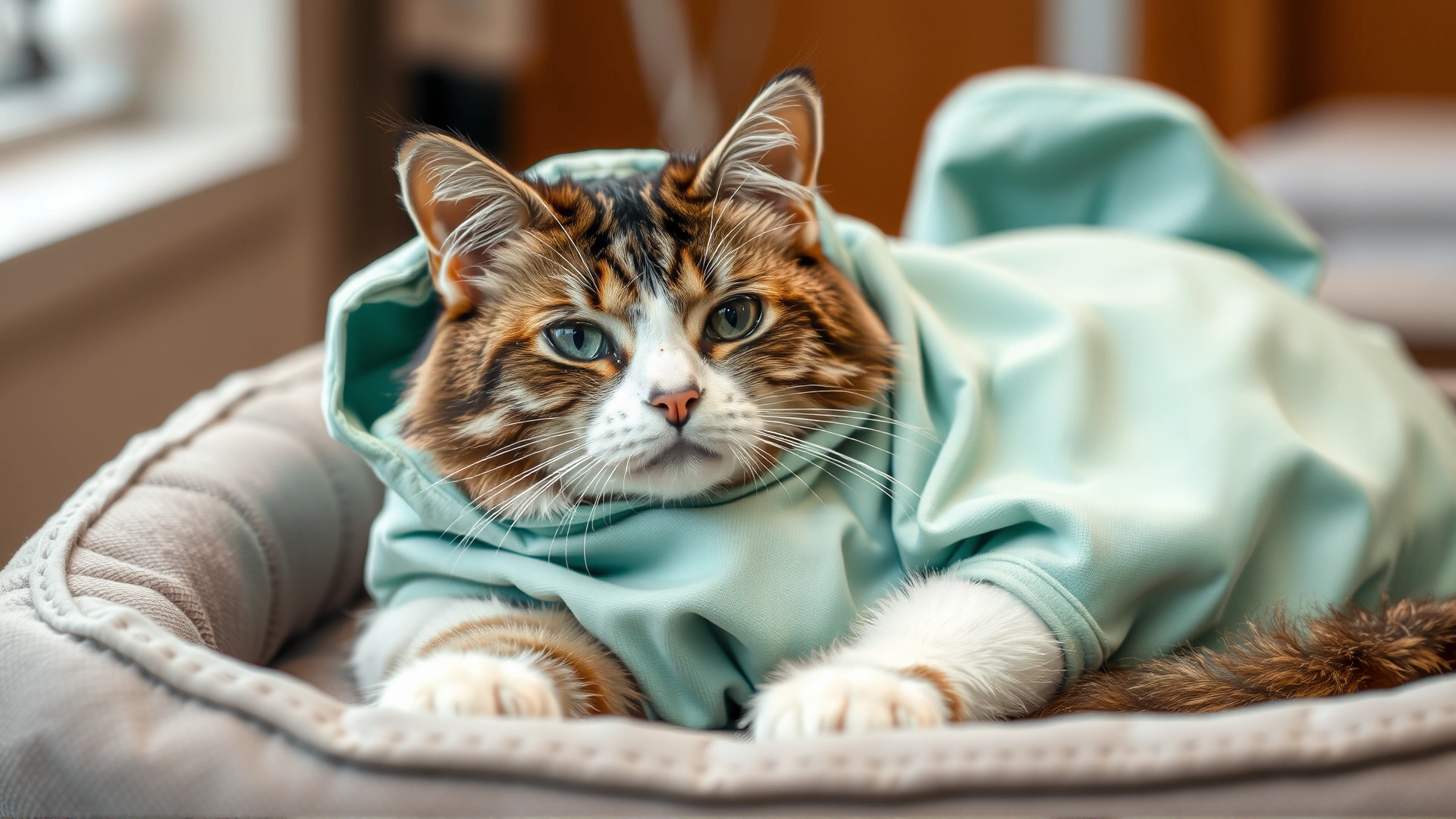 Female cat wearing a soft recovery suit resting comfortably in a pet bed after surgery
