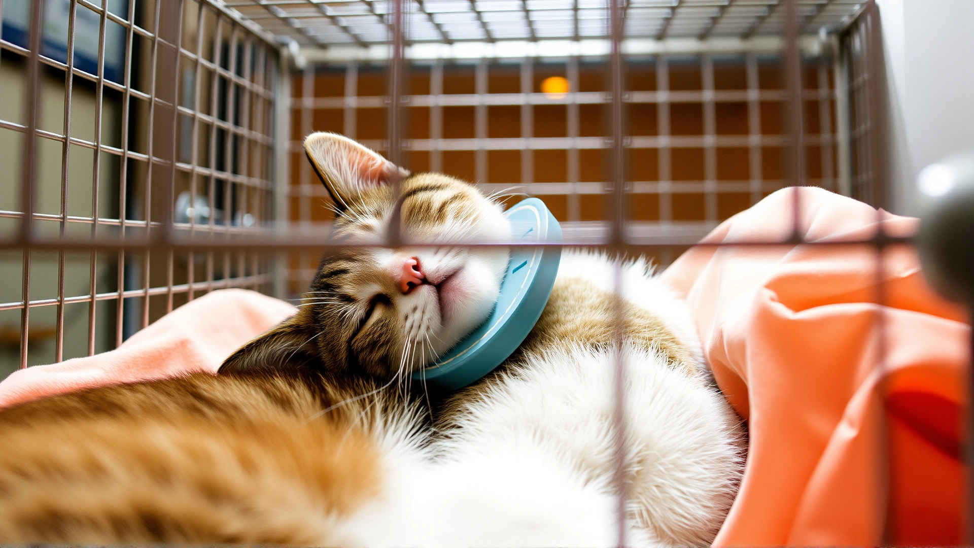 Domestic cat resting comfortably in a recovery cage with a protective collar after surgery, warm lighting, calm atmosphere