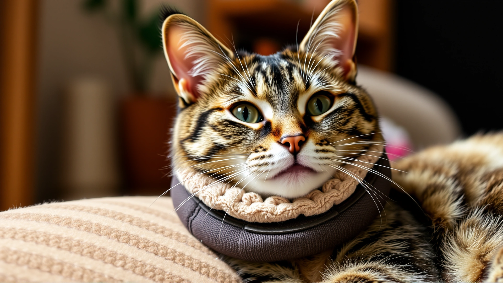 Cat wearing a soft recovery collar resting comfortably in a cozy home environment.