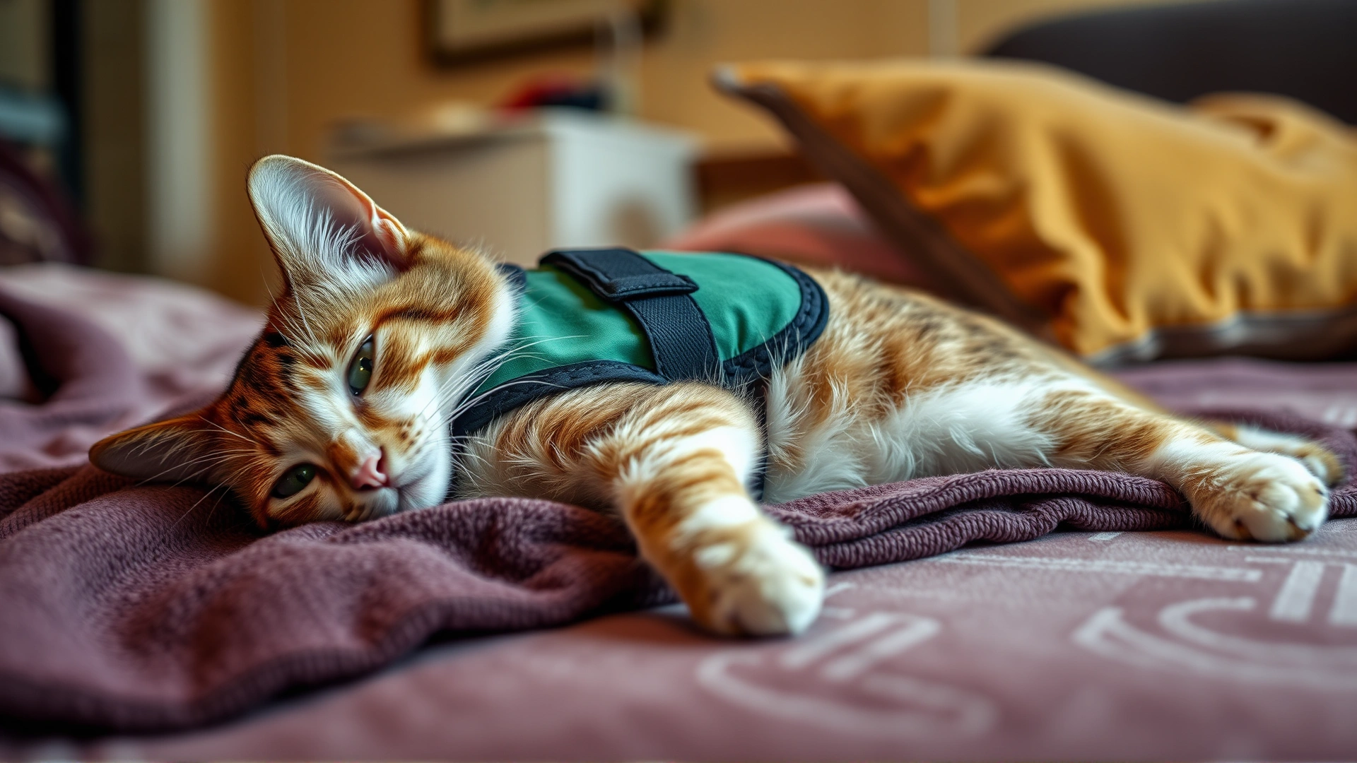 Photo of a domestic cat wearing a small protective vest resting comfortably on a blanket at home, indicating post-surgery recovery, warm ambient lighting.