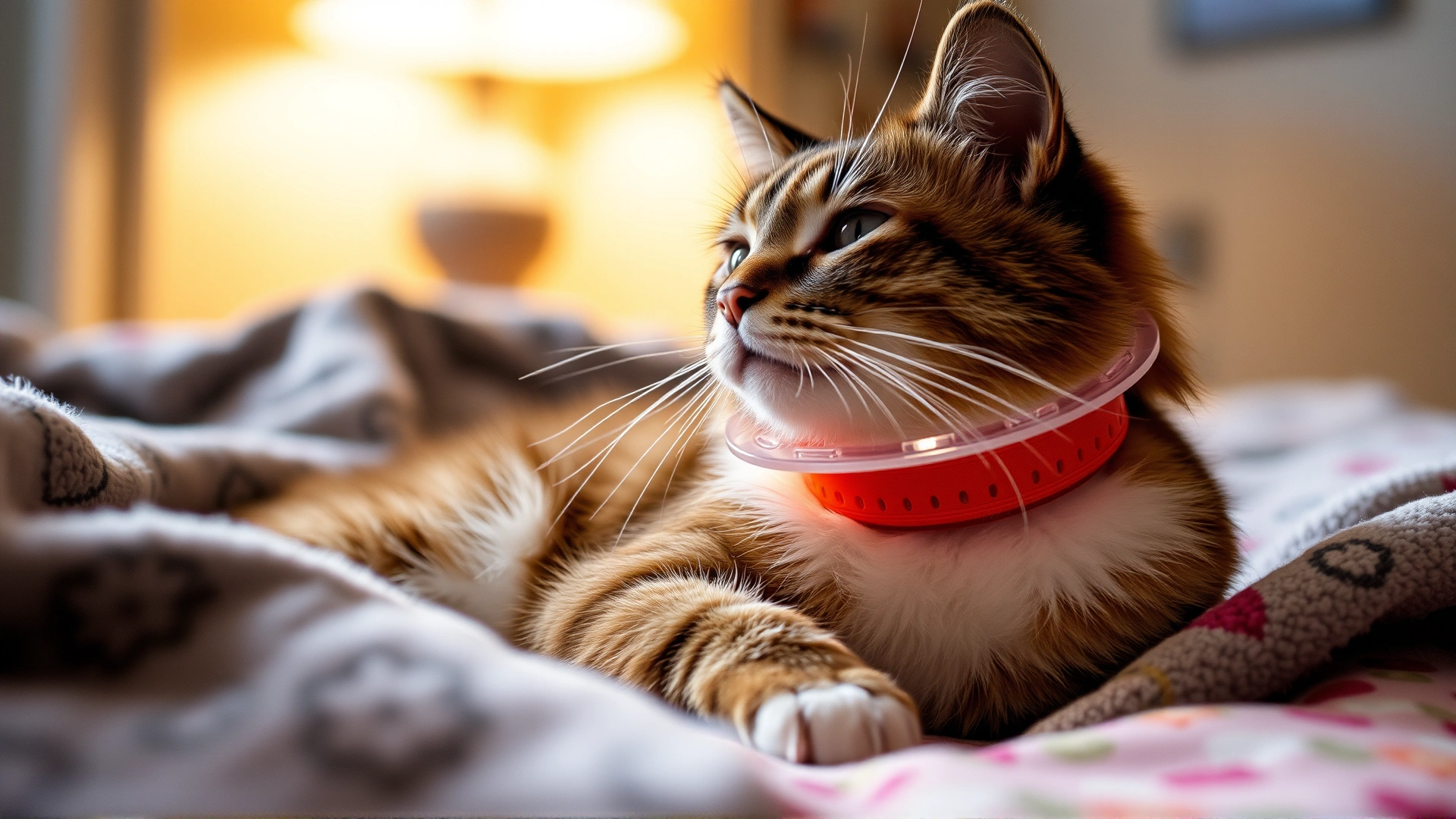 Photograph of a cat wearing a recovery collar resting comfortably at home on a cozy blanket, soft warm lighting.