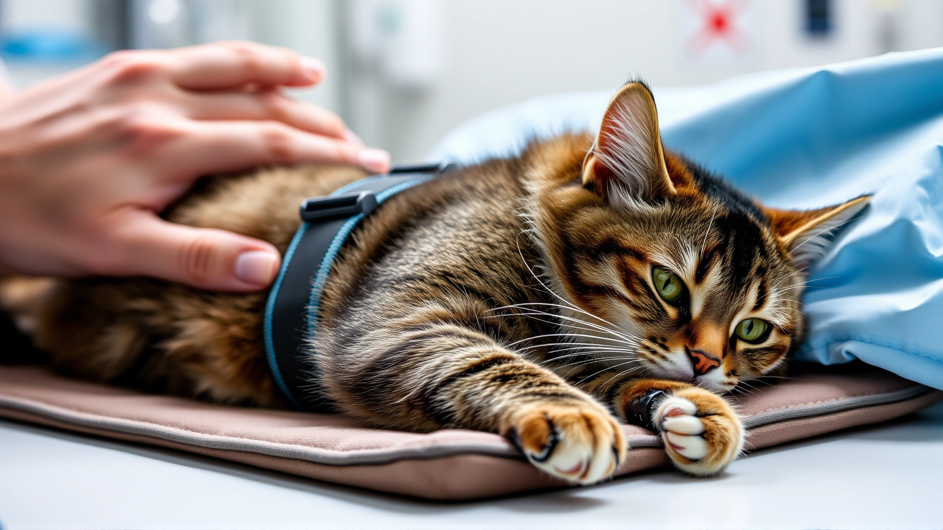 Cat in a post-operative recovery room lying on a padded surface with a supportive sling harness, owner gently petting, soft lighting
