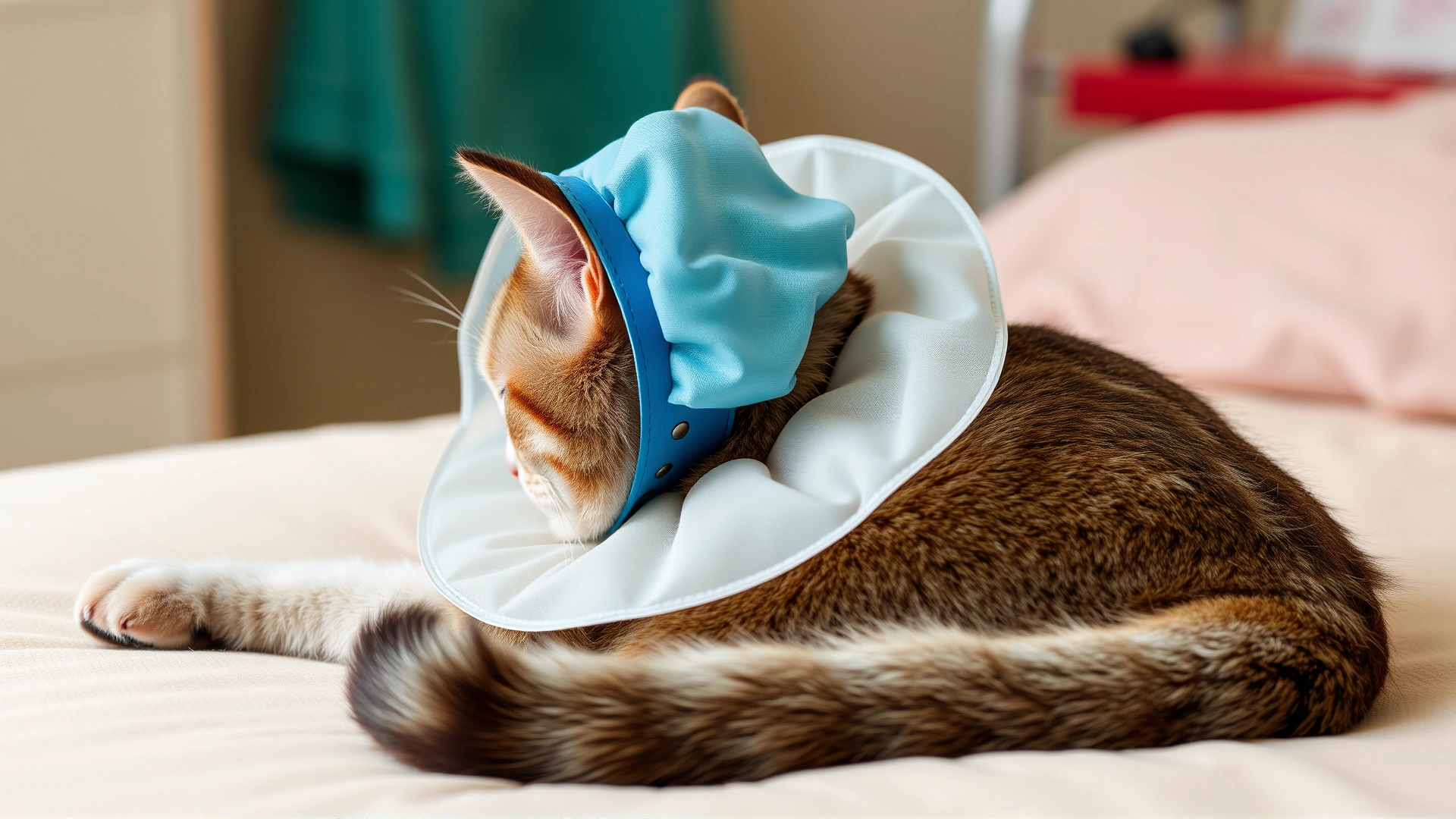 Indoor shot of a recovering cat wearing a soft Elizabethan collar, resting comfortably in a padded bed, surgical shave visible on the back.