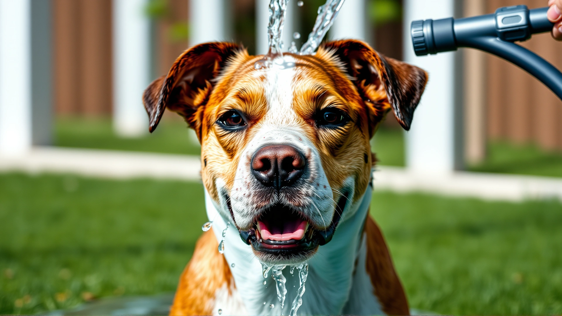 Dog being rinsed with fresh water from a garden hose after swimming to remove chlorine